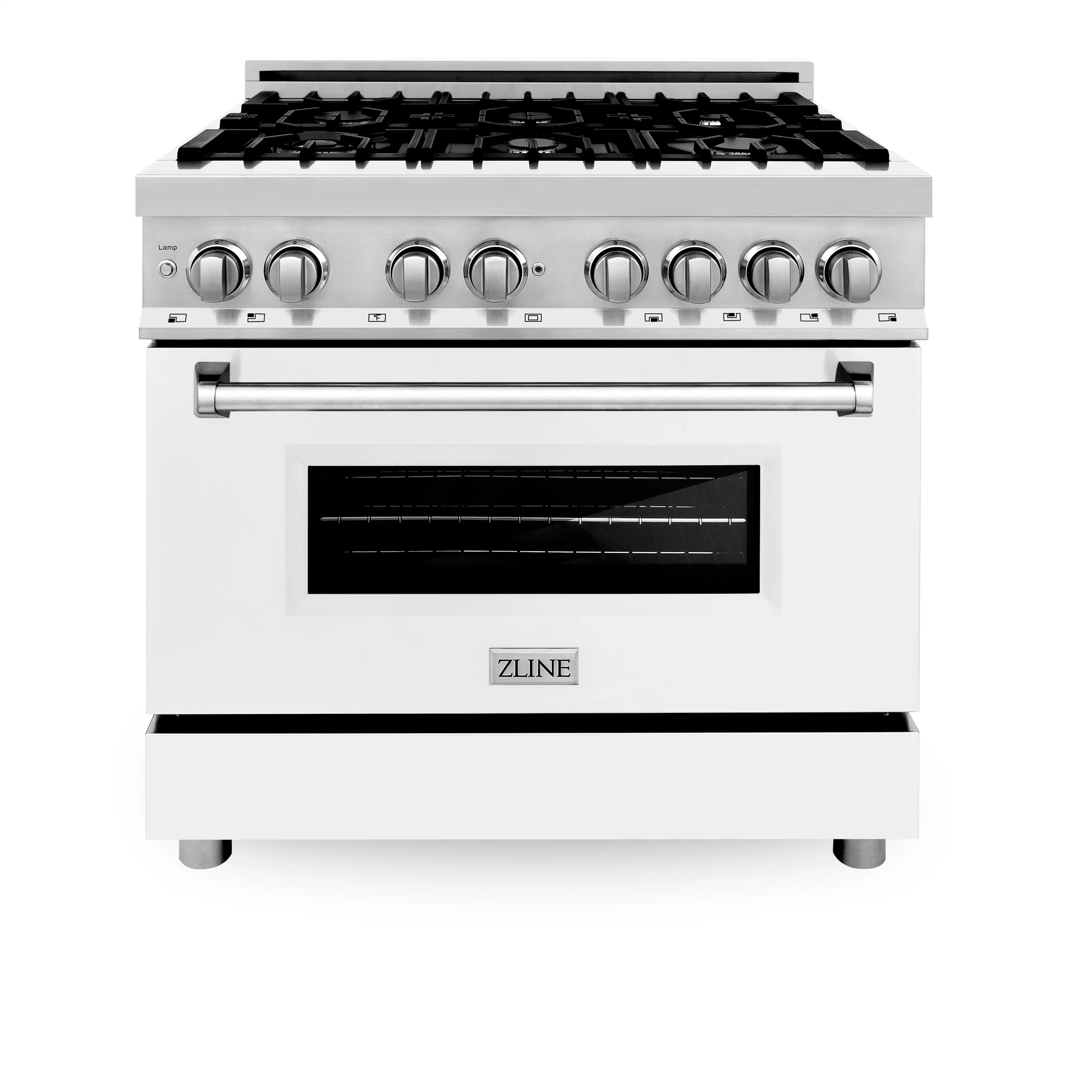 White matte dual fuel range front view with black burner grates and oven window