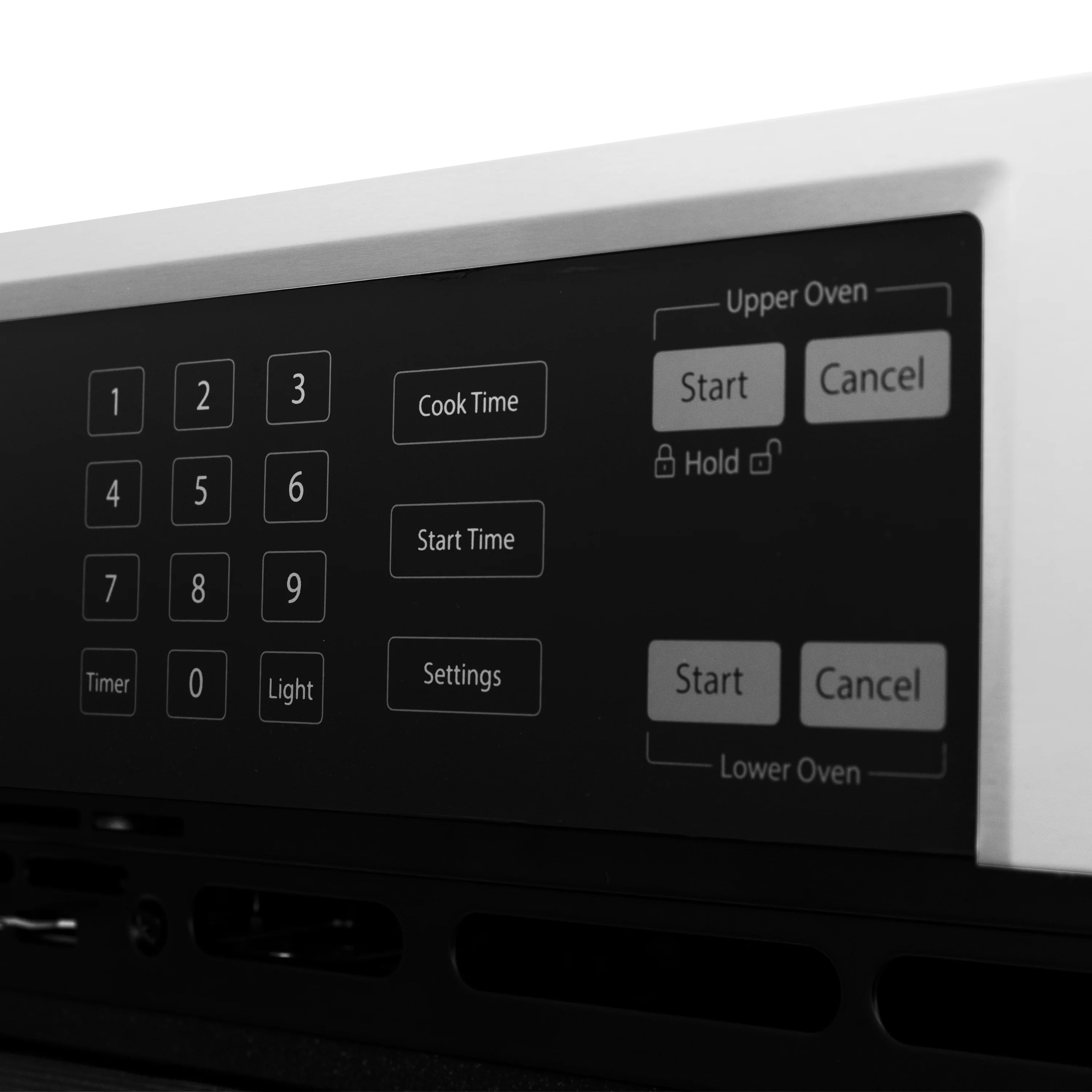 Black oven control panel with digital buttons for upper and lower ovens