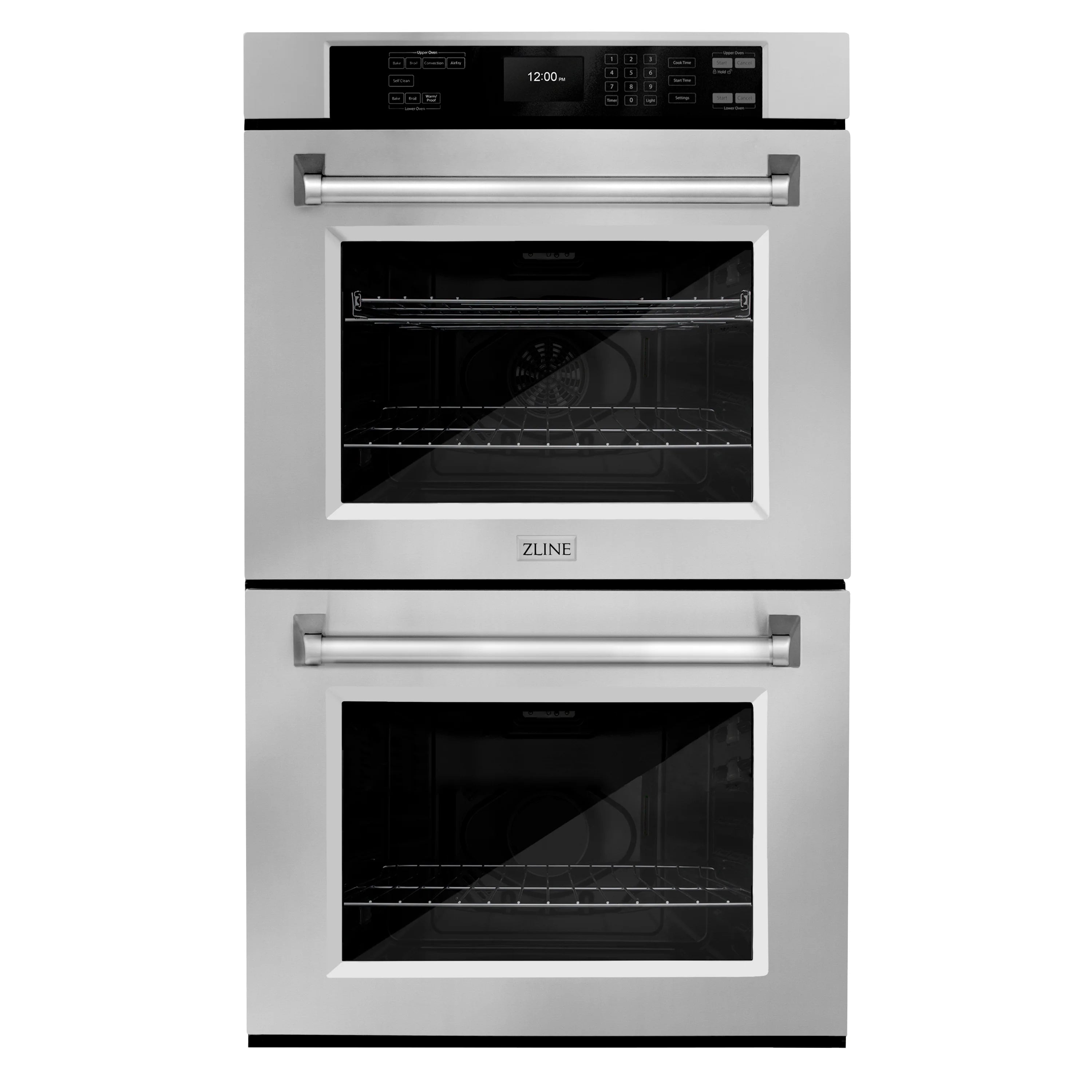 ZLINE stainless steel double wall oven front view with two oven windows