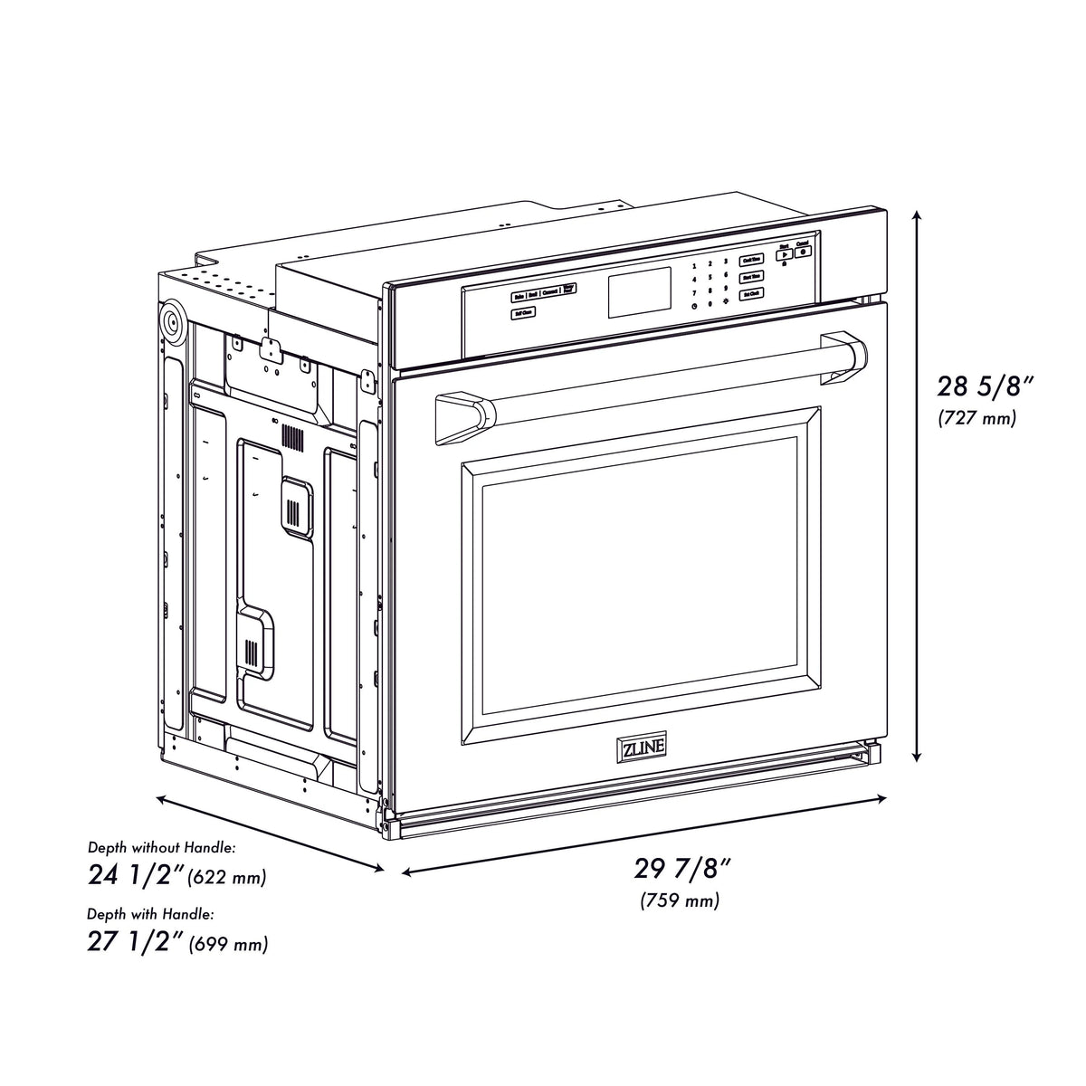 Wall oven installation dimensions diagram with front and side views