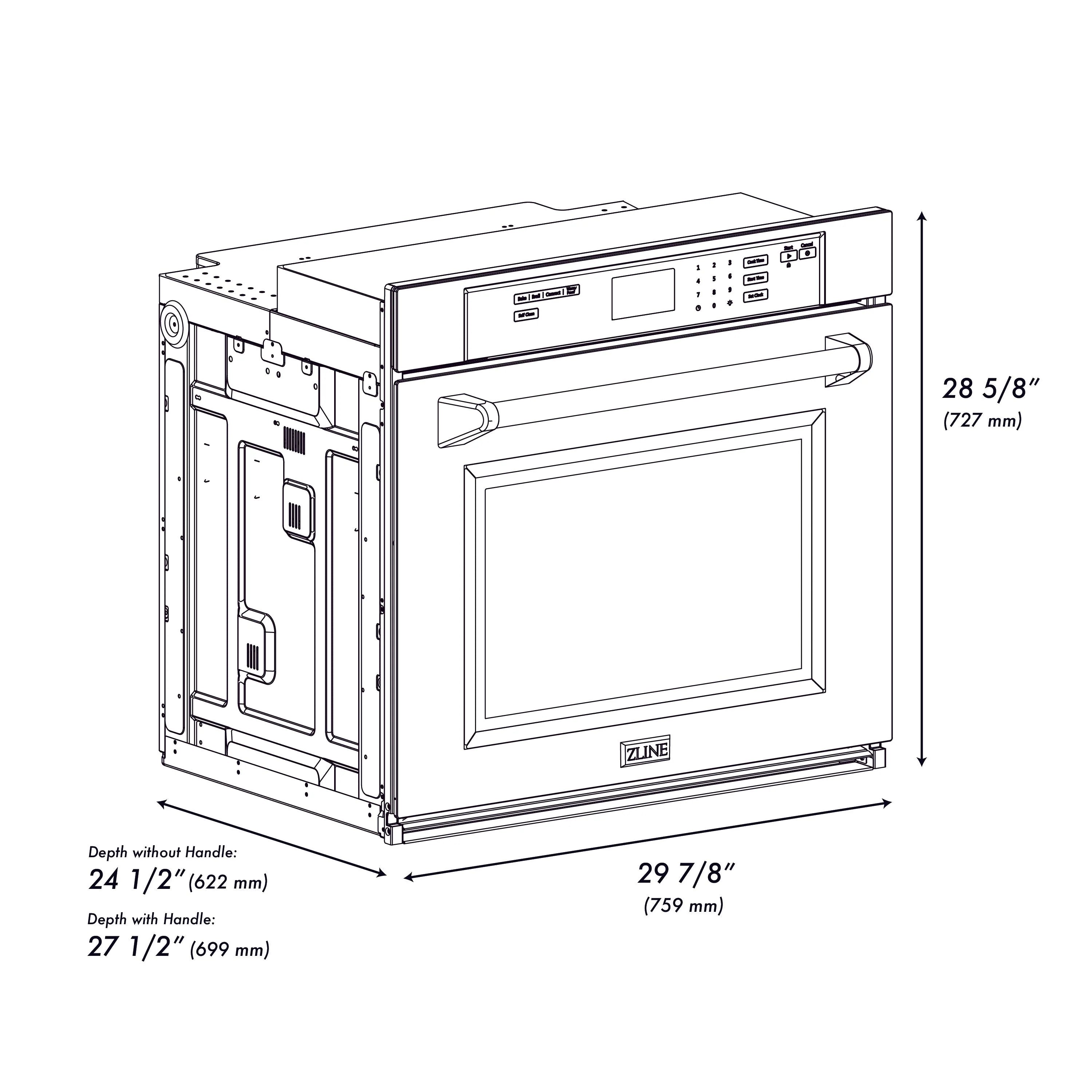 Wall oven dimensions diagram with height 28 5/8 in and depth 24 1/2 in