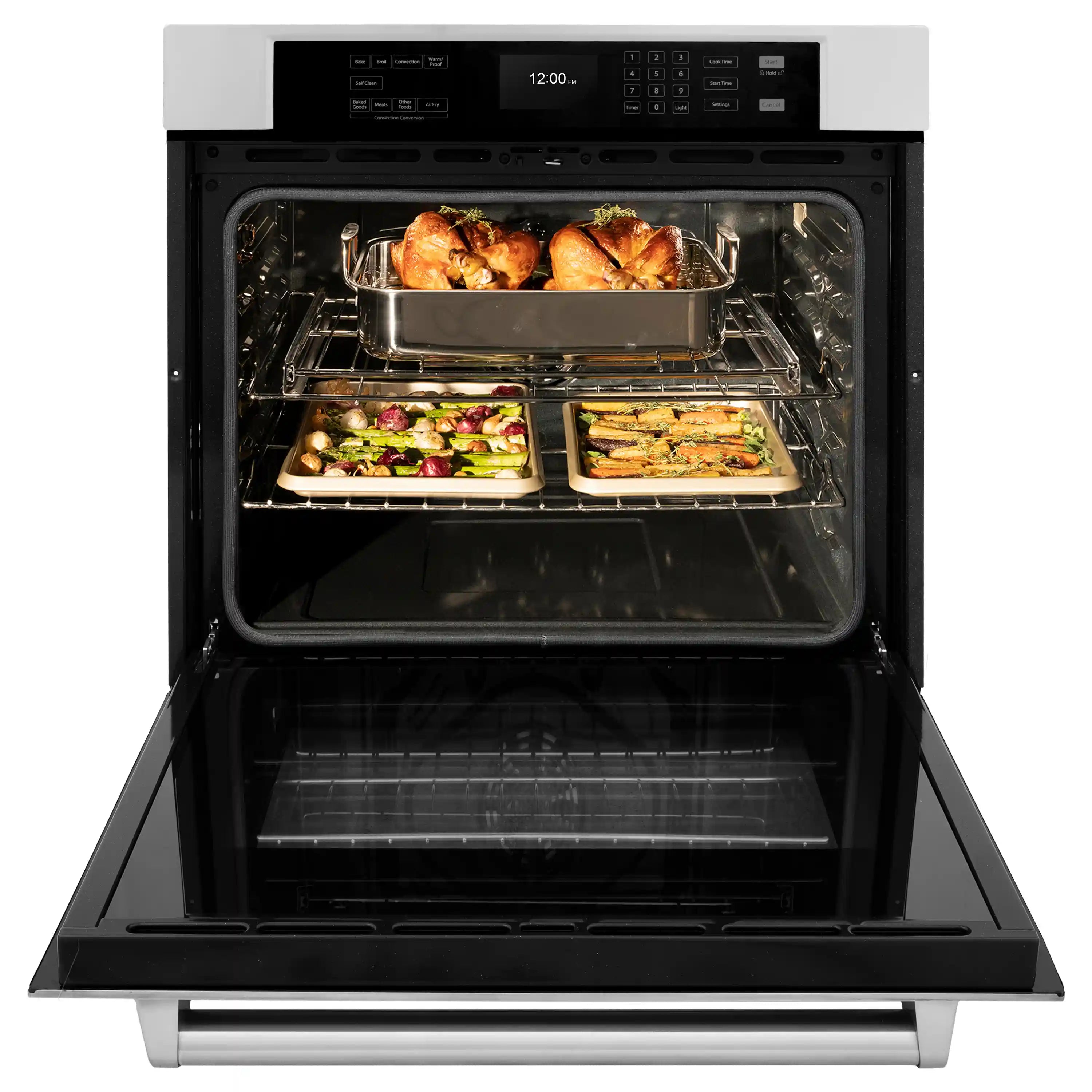 Open oven with wire rack and two trays holding cooked food