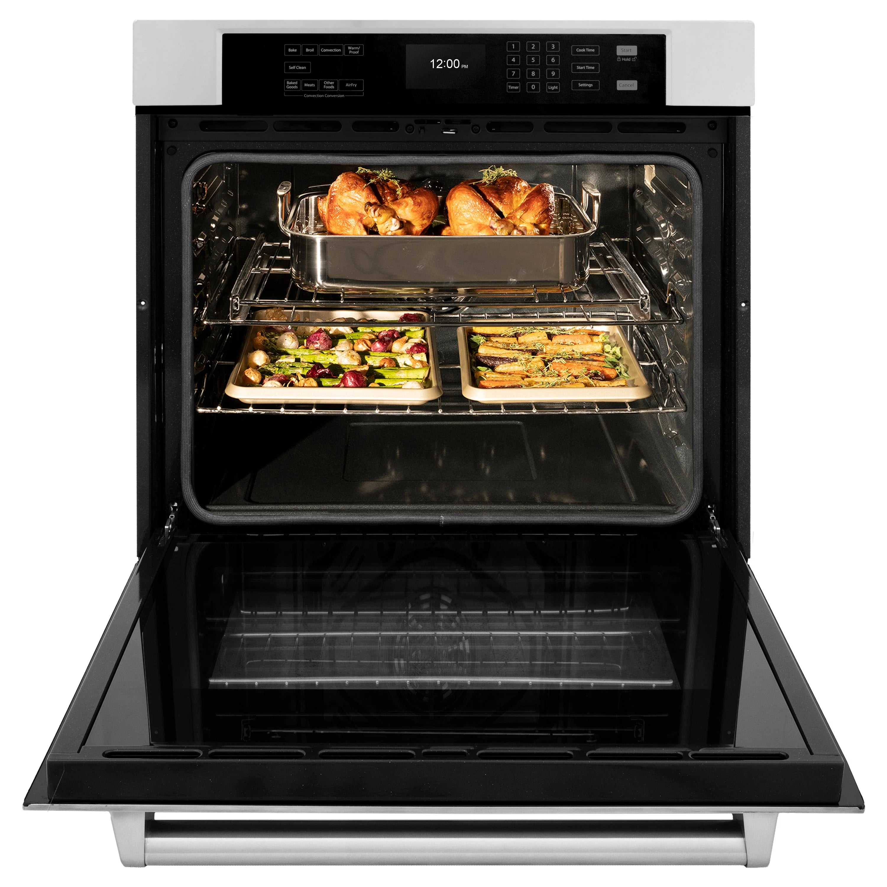 30-inch stainless steel wall oven with door open, roasting trays and chicken inside