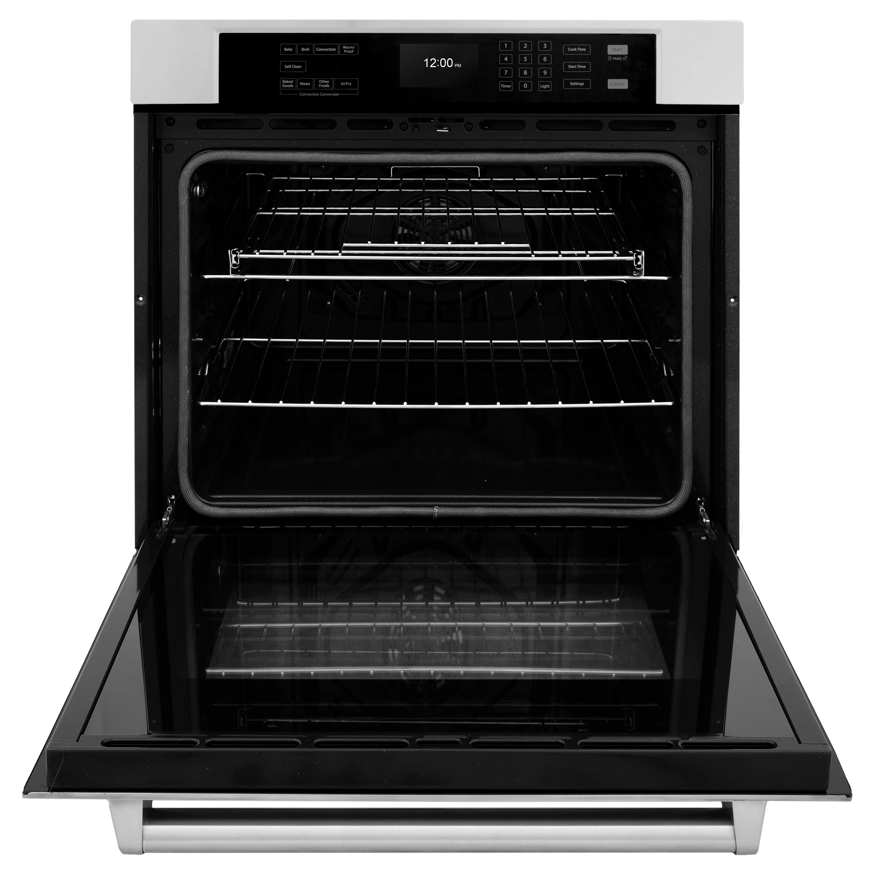 White electric wall oven with open door and multiple metal cooking racks