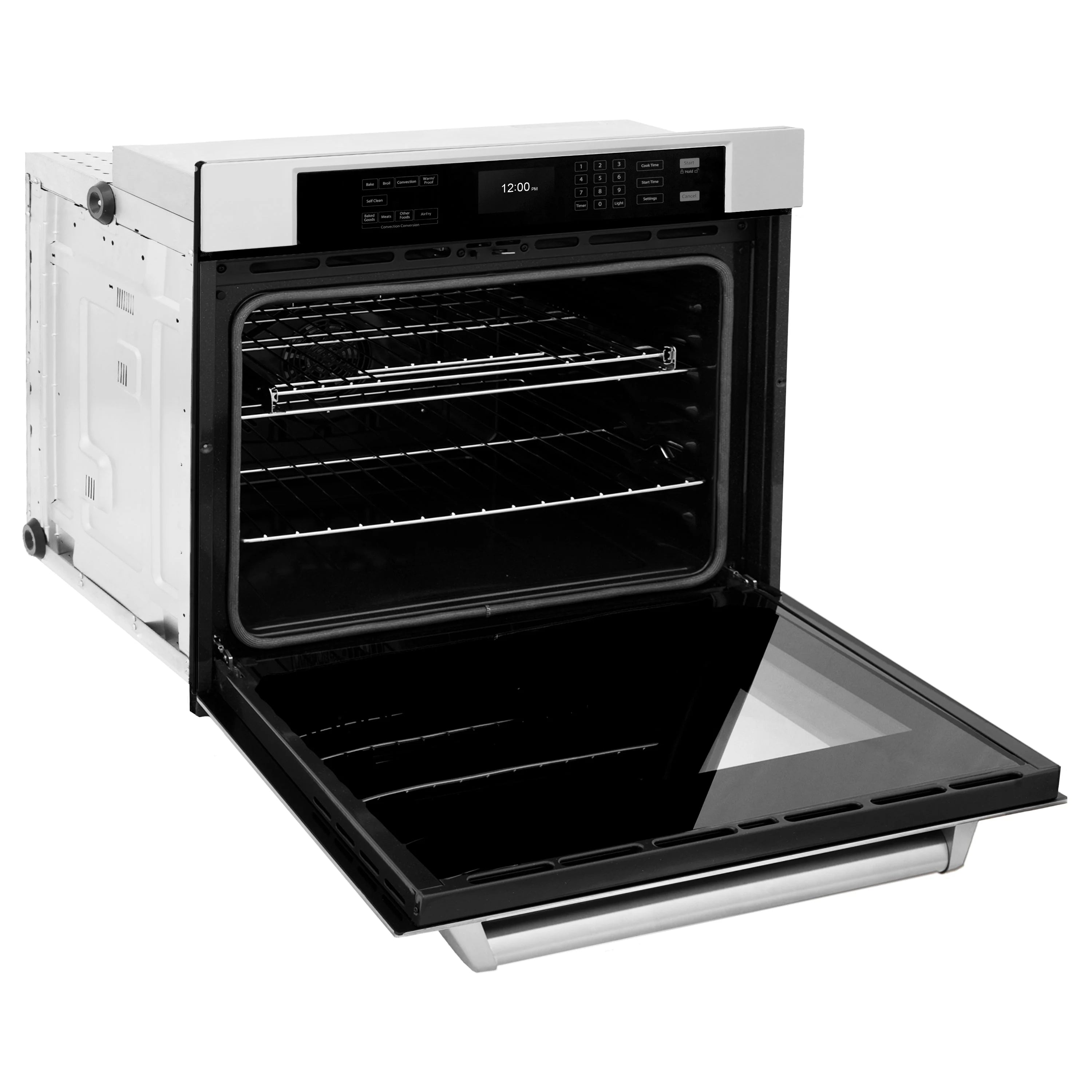 White electric wall oven with open door, dark interior, and metal racks