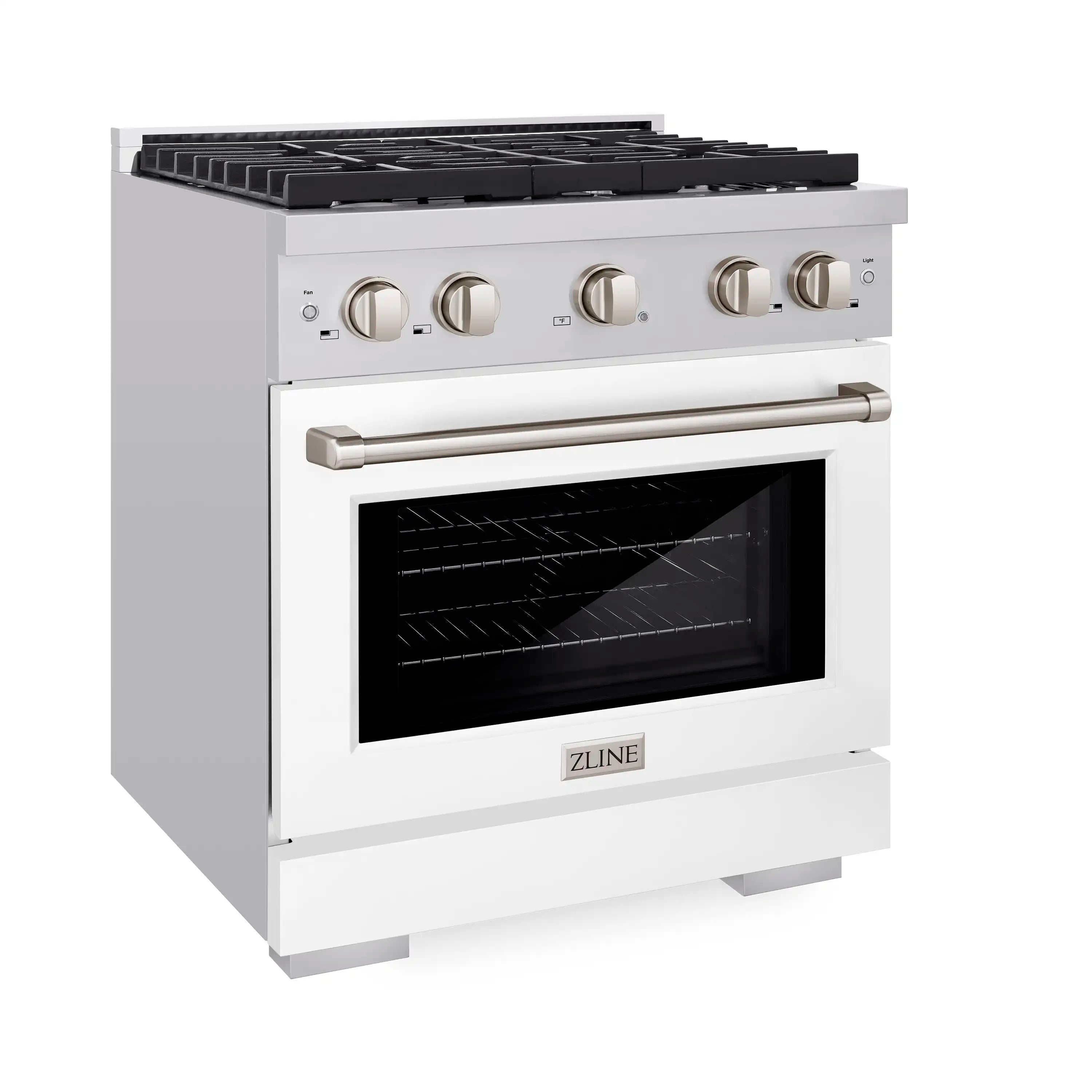 White dual fuel range with stainless control knobs and black oven window
