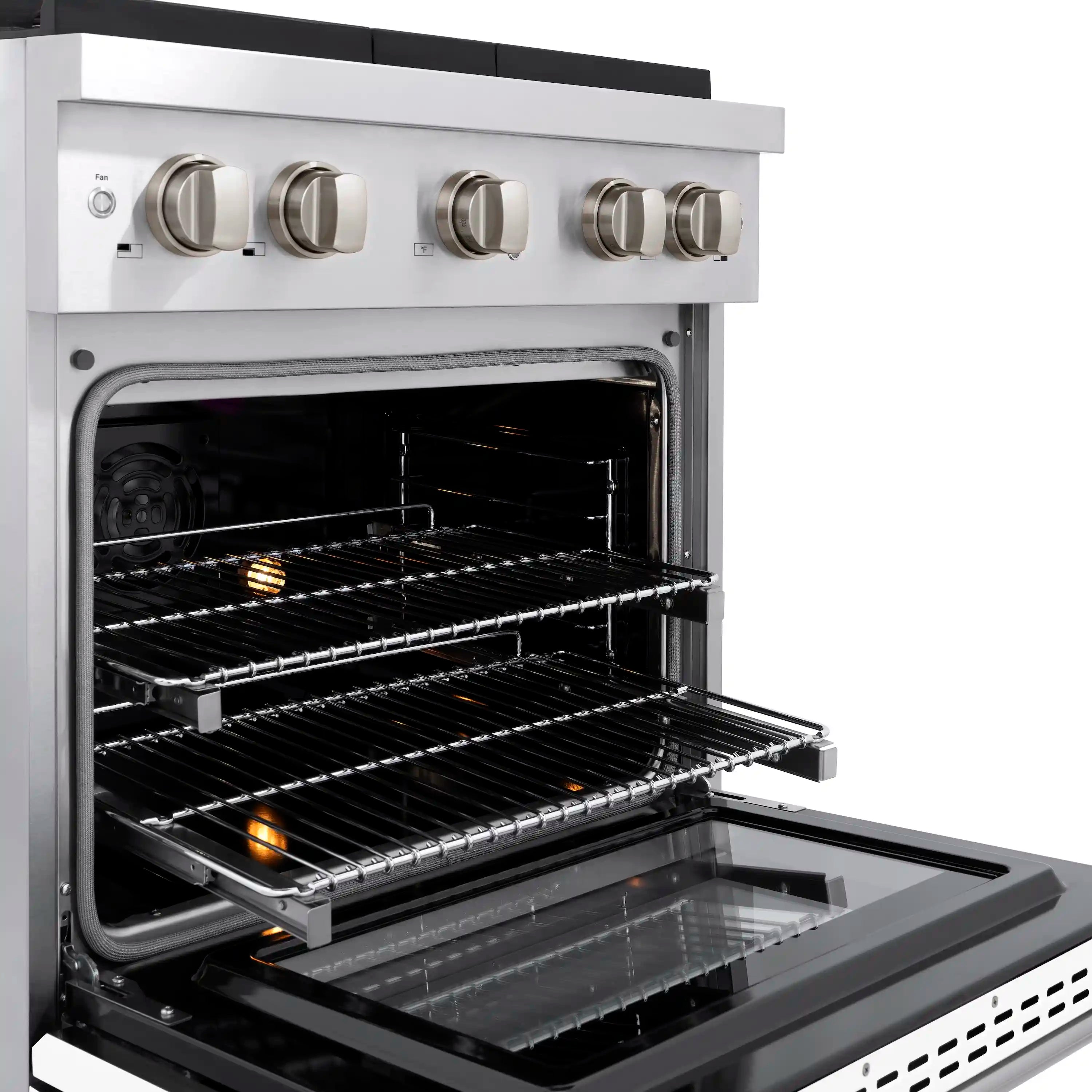 Stainless steel dual fuel range with 4 gas burners and open electric convection oven