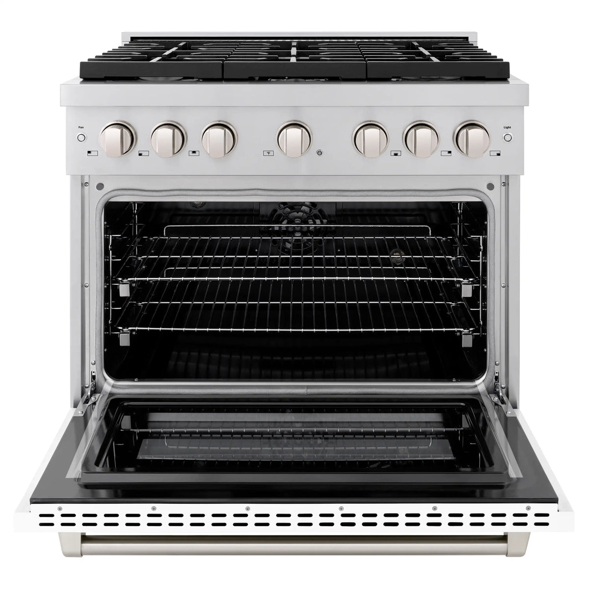 Open oven door with rack and heating elements in a stainless and white dual fuel range.