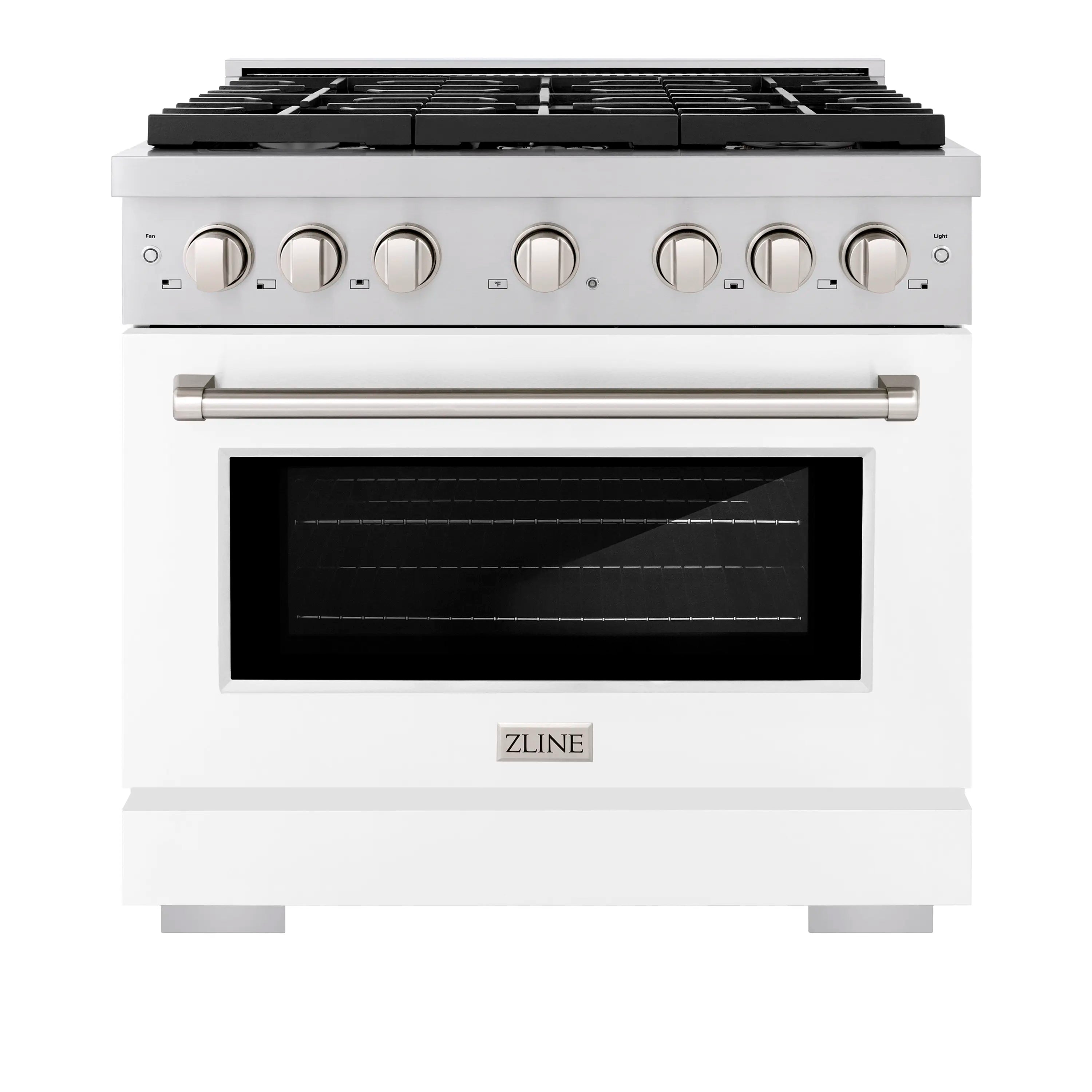 Stainless and white dual fuel range with burner grates and black oven door window.