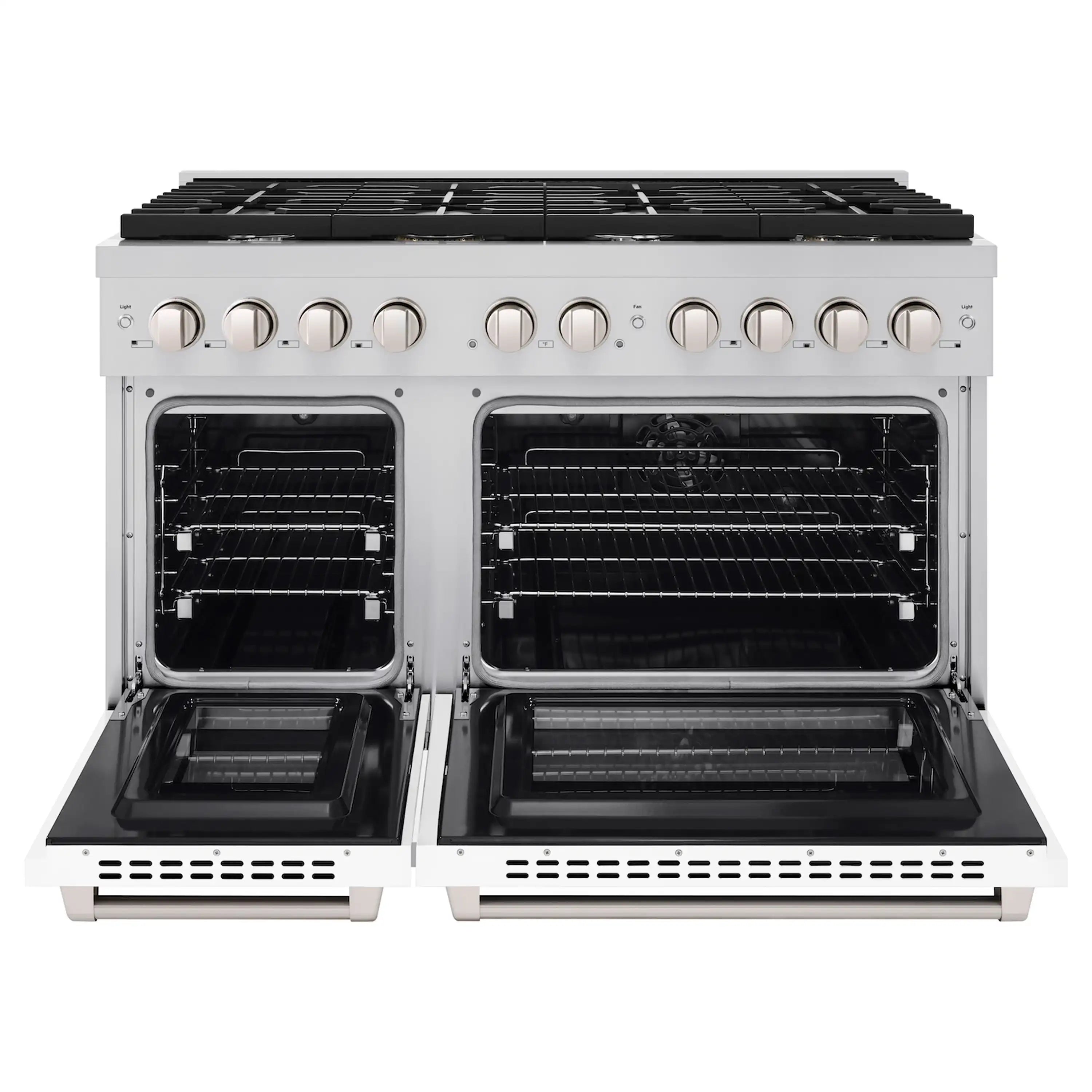 Open dual oven doors showing racks and heating elements inside the range