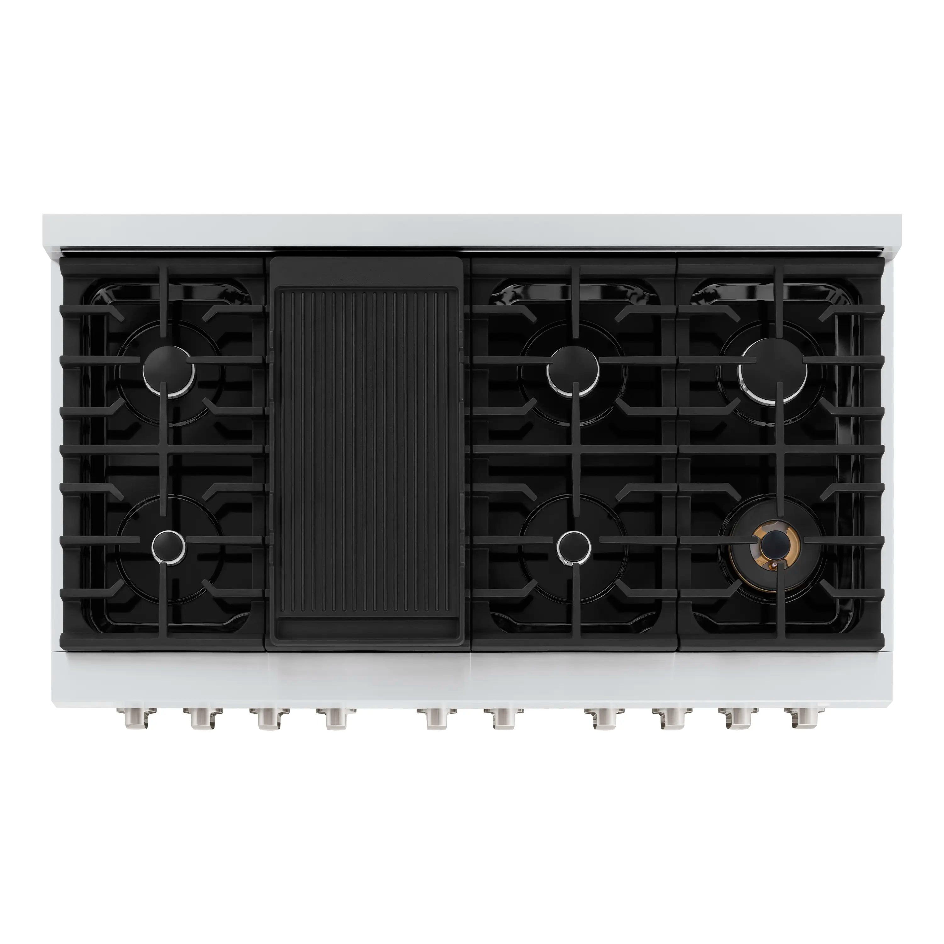 Black burner grates with centered griddle on the cooktop of a stainless range