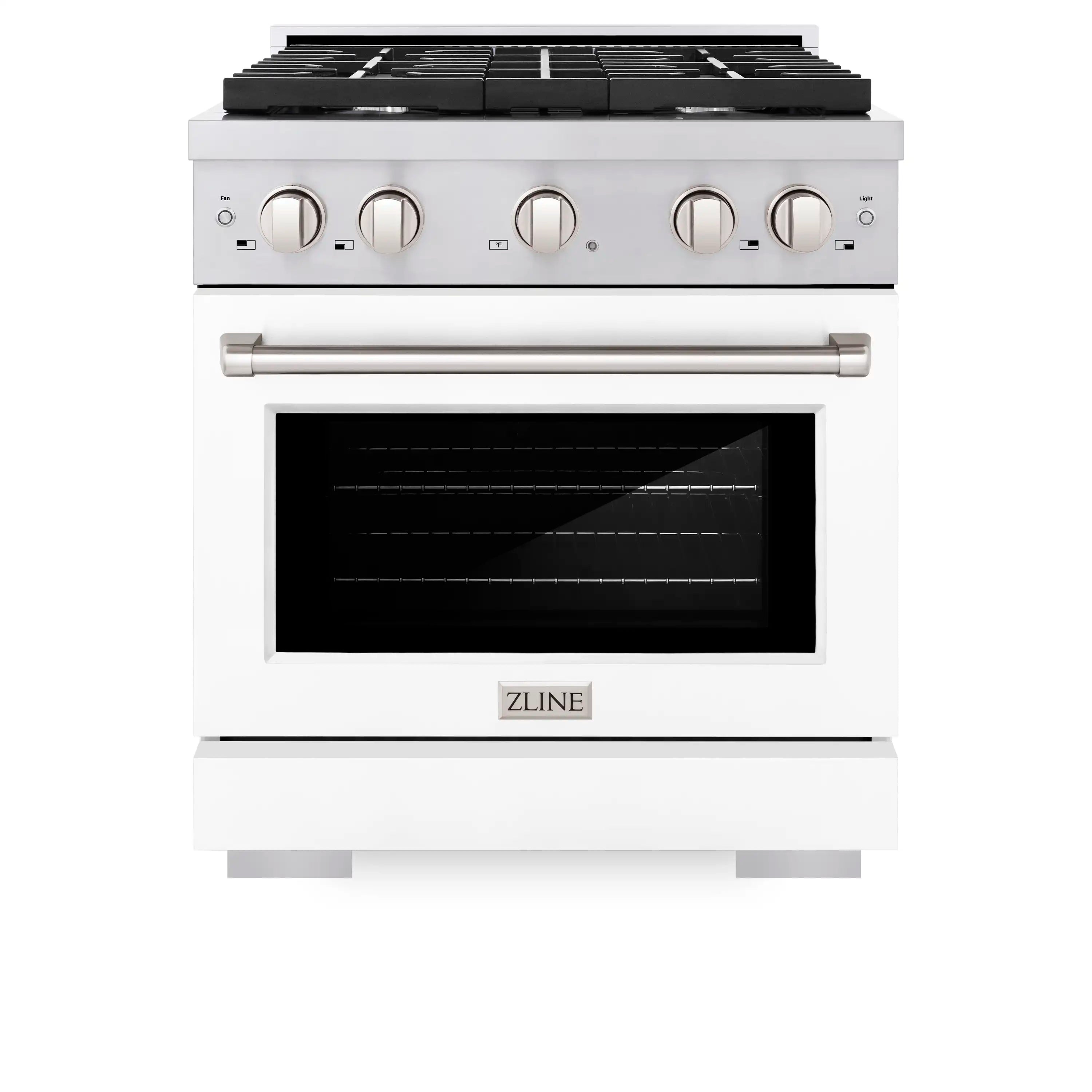 White gas oven with stainless handle, black glass door, and front control knobs