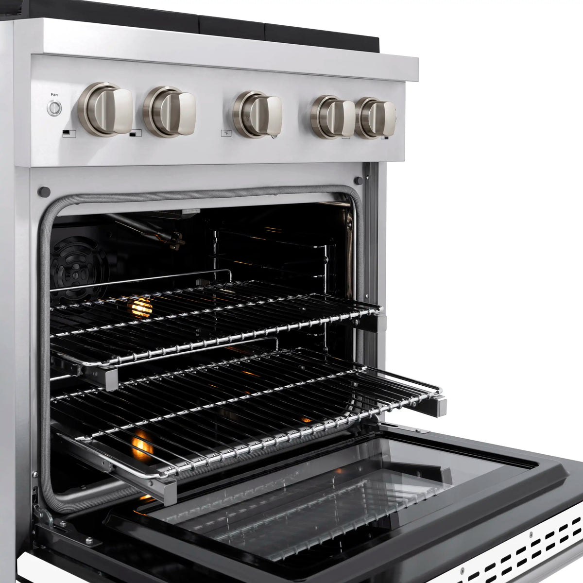 Open convection gas oven with racks and illuminated burners inside