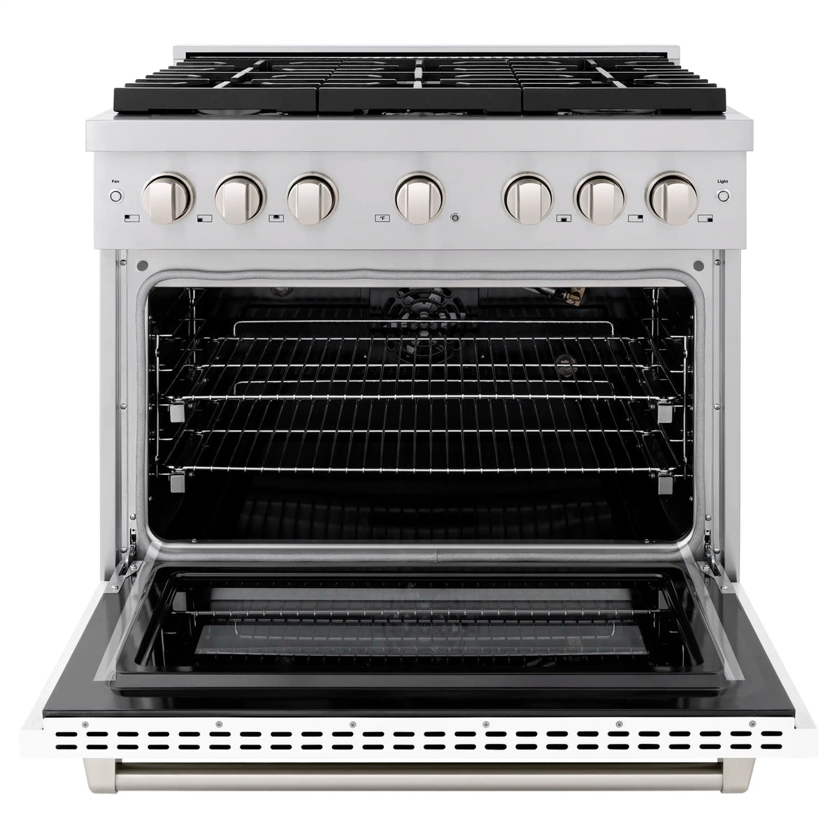 Open white gas oven with black interior racks and stainless door trim