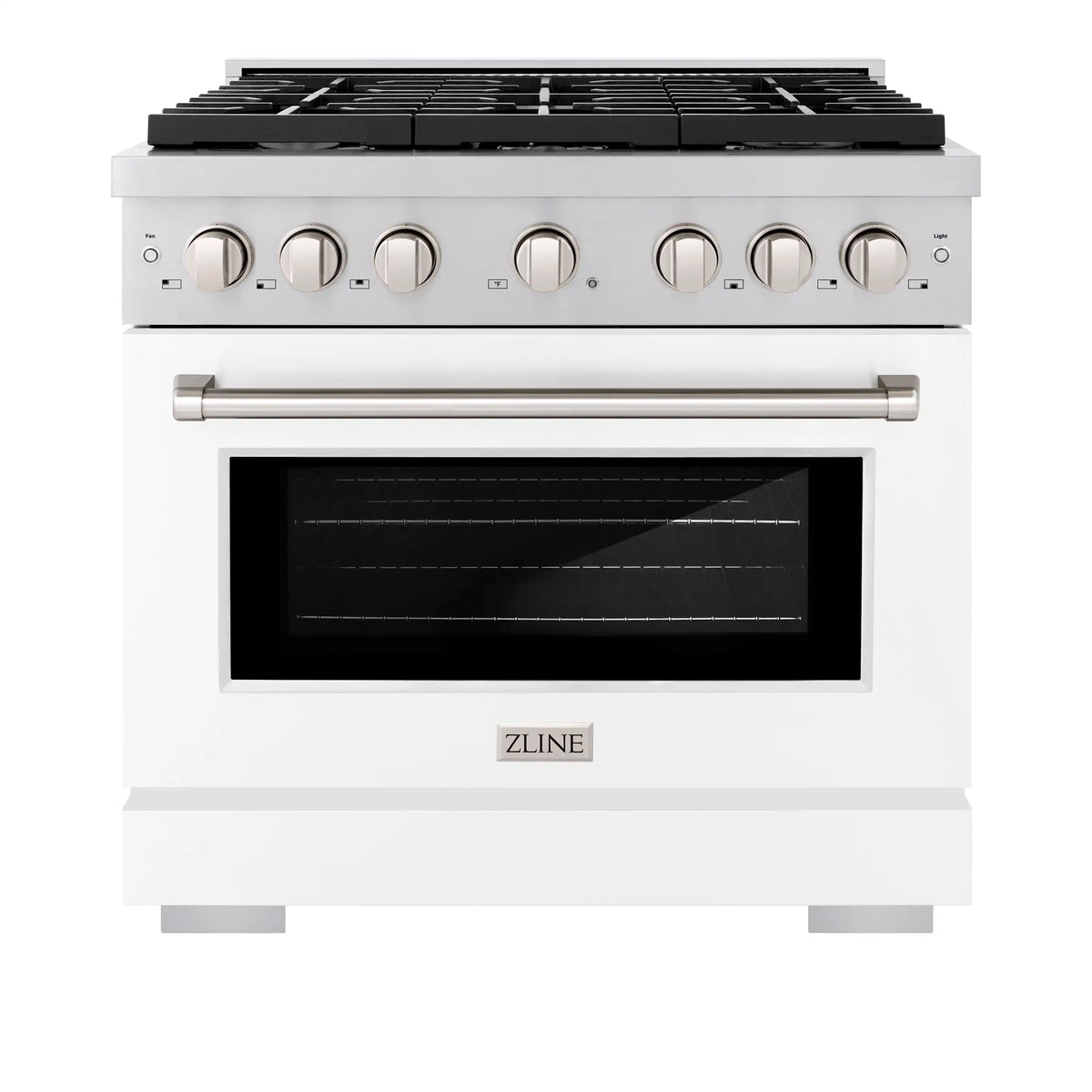 White gas range with stainless control knobs and black glass oven door window