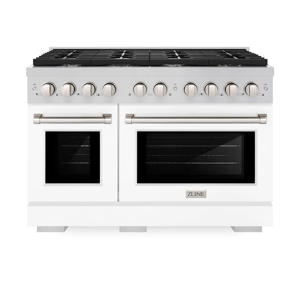 ZLINE gas range with stainless cooktop and two white matte oven doors