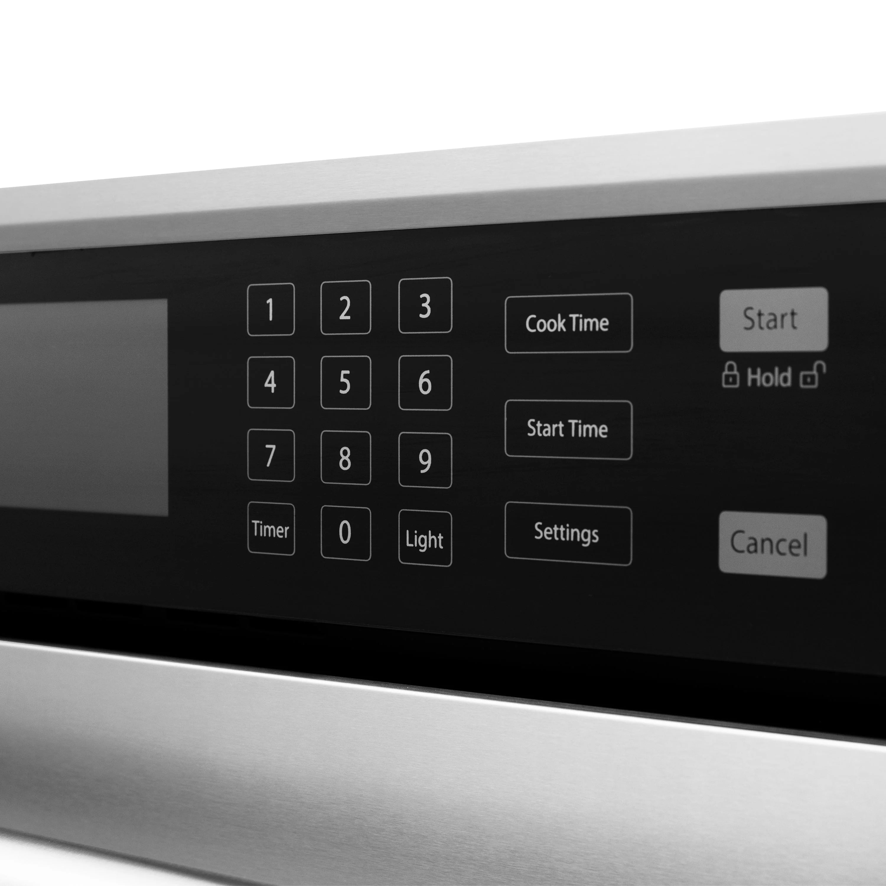 Stainless steel oven control panel with numeric keypad and Start/Cancel buttons.