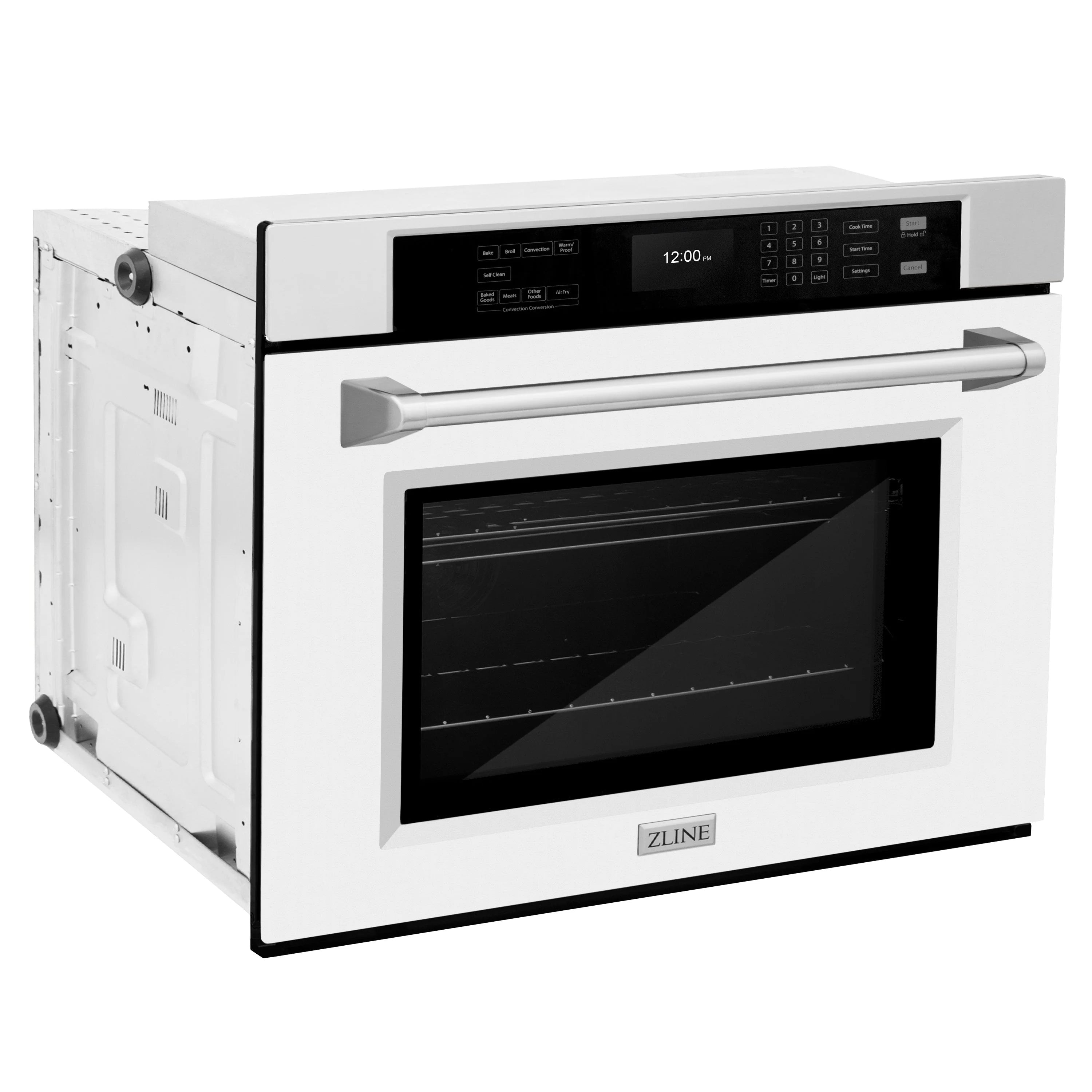 White matte oven with side access panel, pull handle, and control panel.