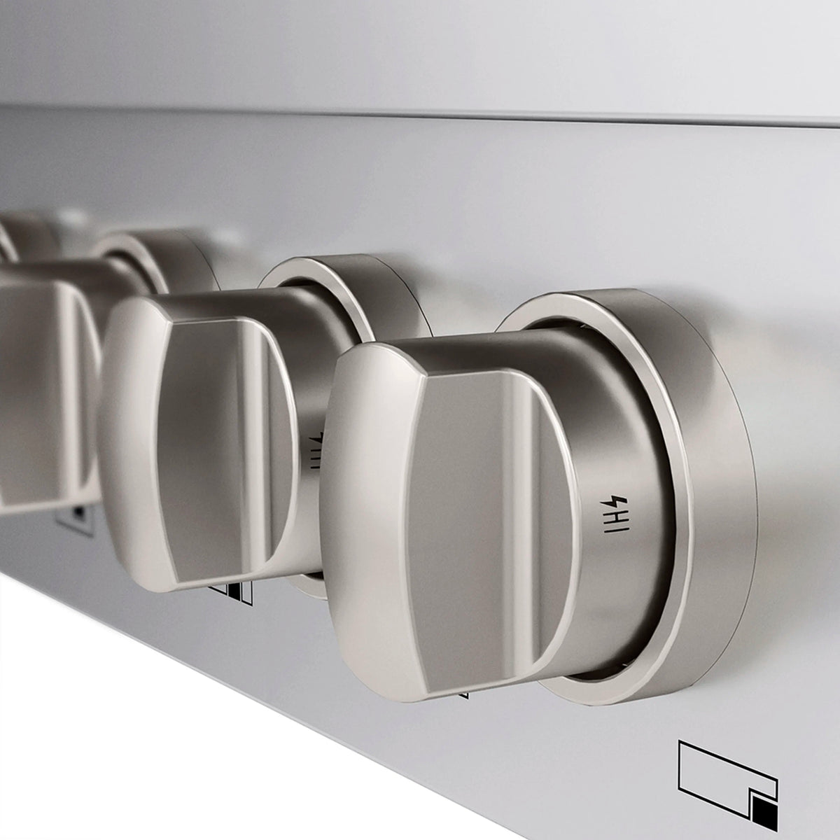 Stainless steel gas rangetop control knobs on the front panel