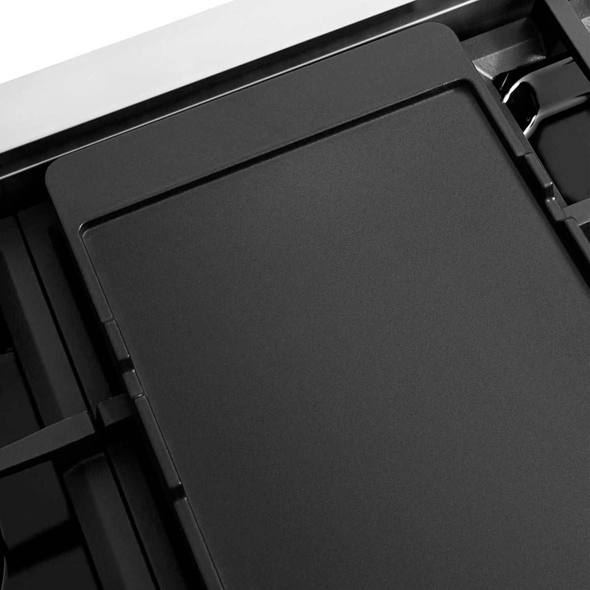 Smooth black burner cap on a gas rangetop grate