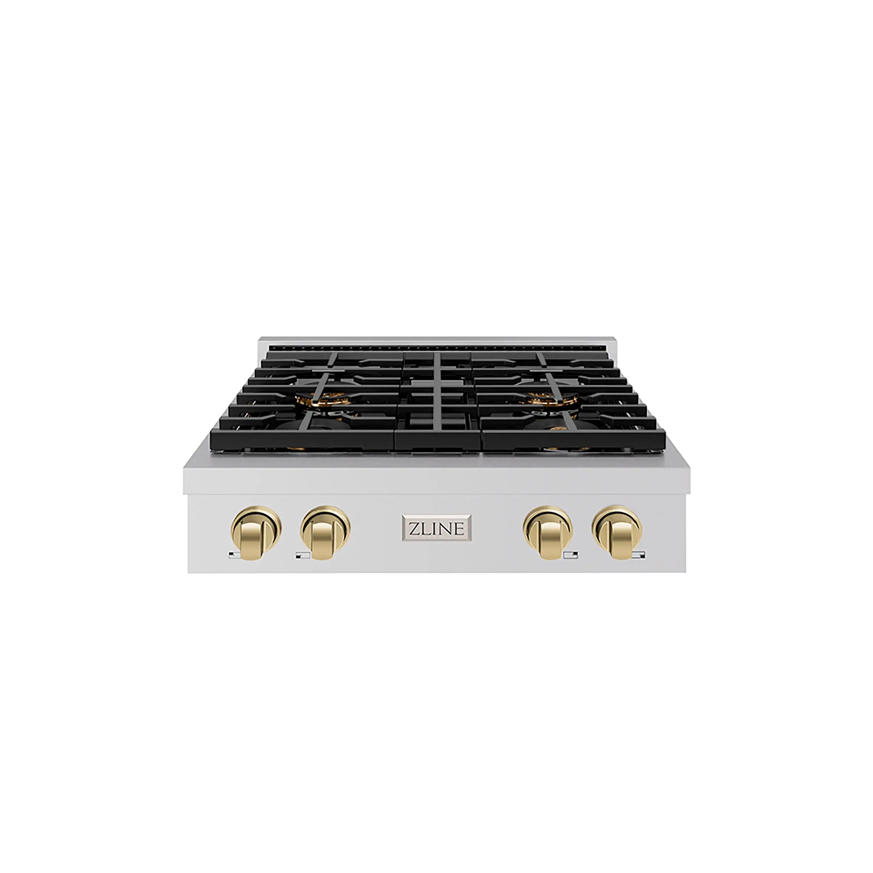 30-inch stainless gas rangetop with black grates and champagne bronze knob controls