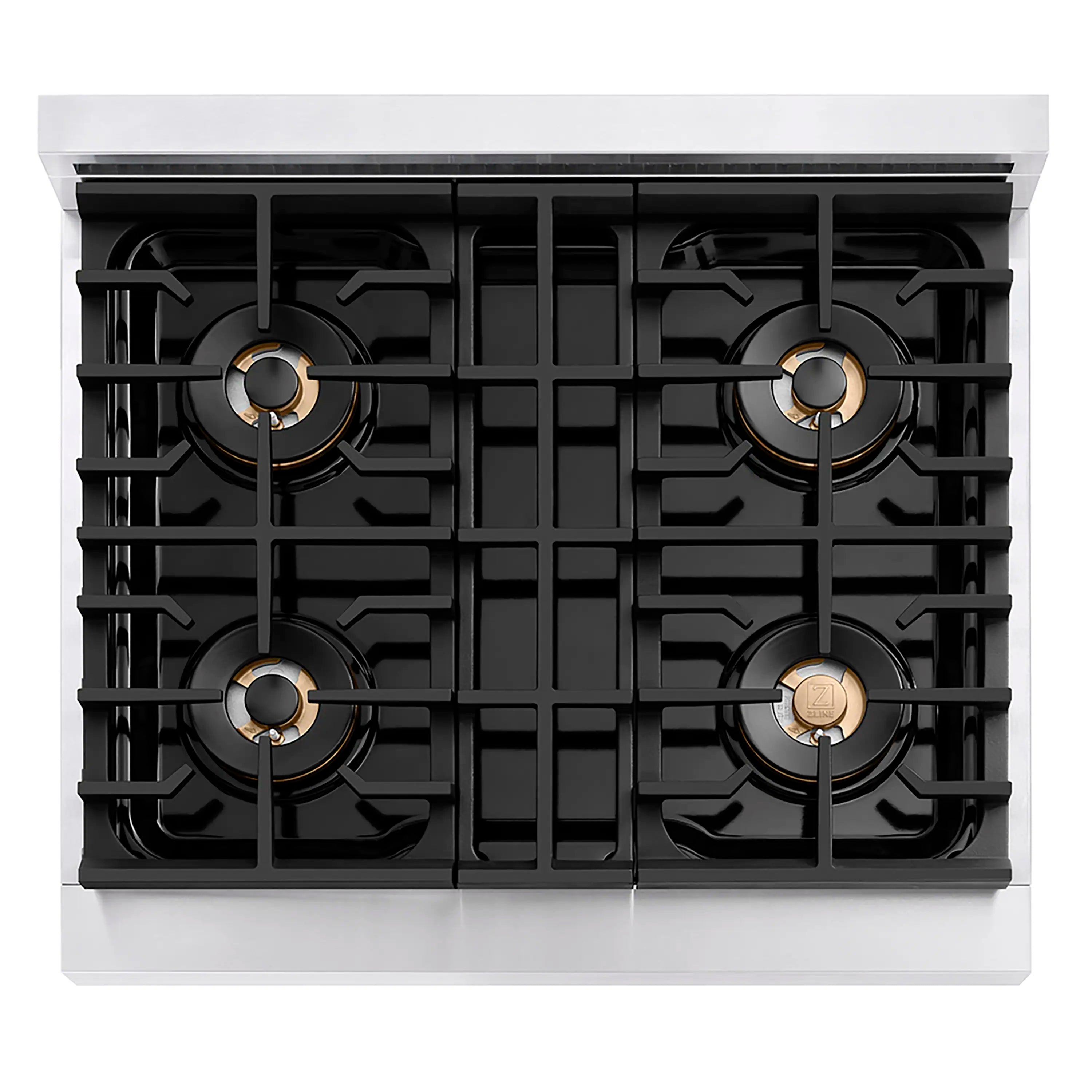 4-burner gas rangetop with black grates, stainless steel frame, champagne bronze accents
