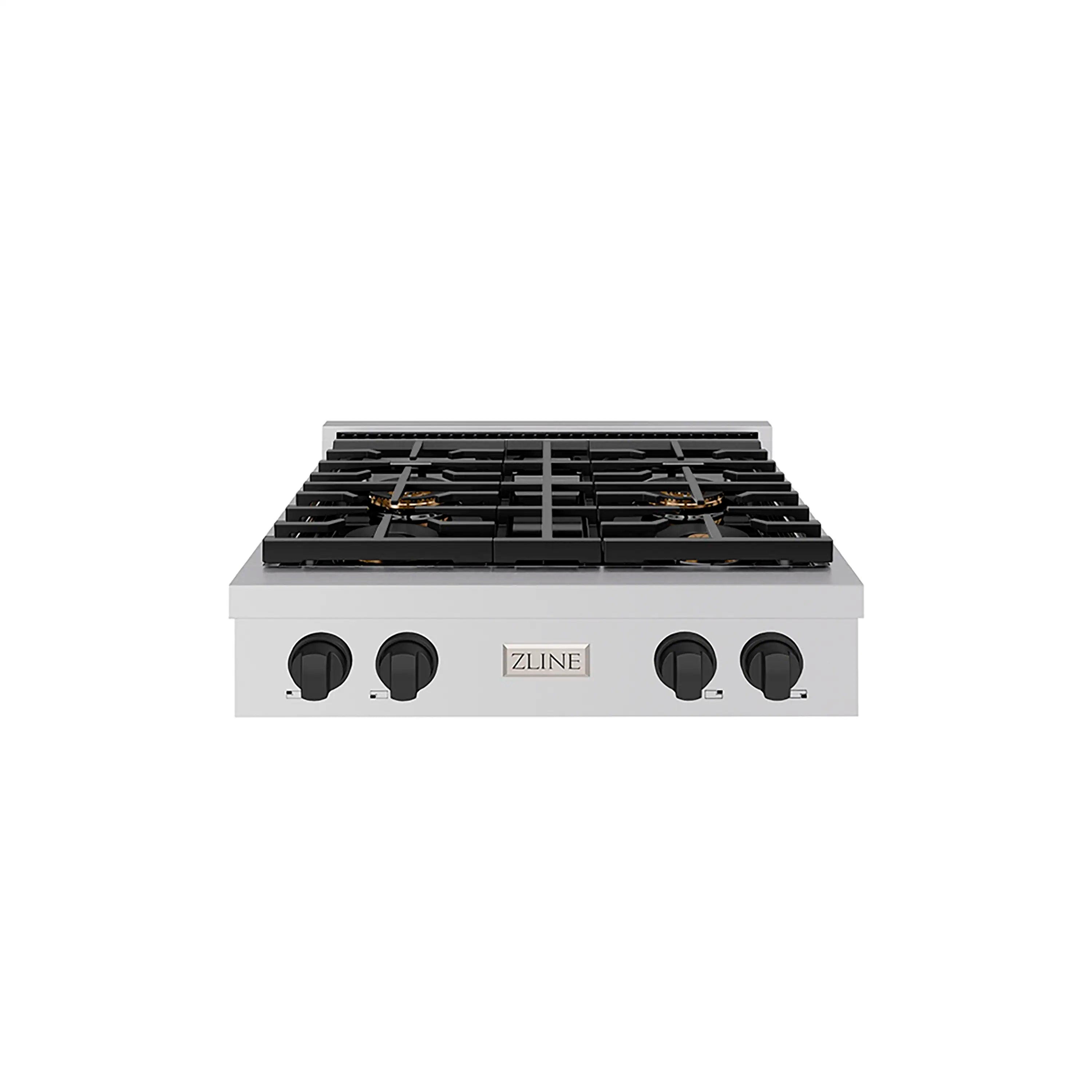 30-inch stainless gas cooktop with black grates and four control knobs