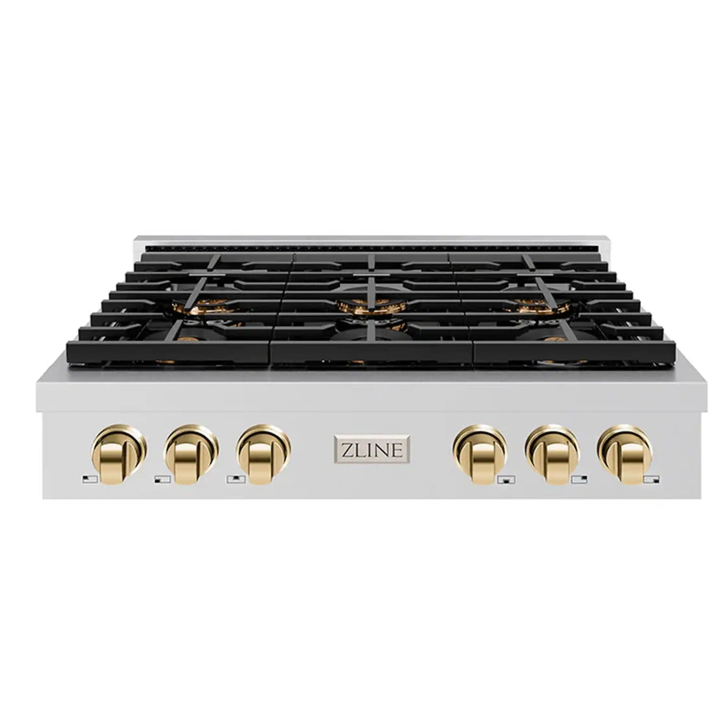 Stainless gas rangetop with black grates and polished gold knob accents, ZLINE controls