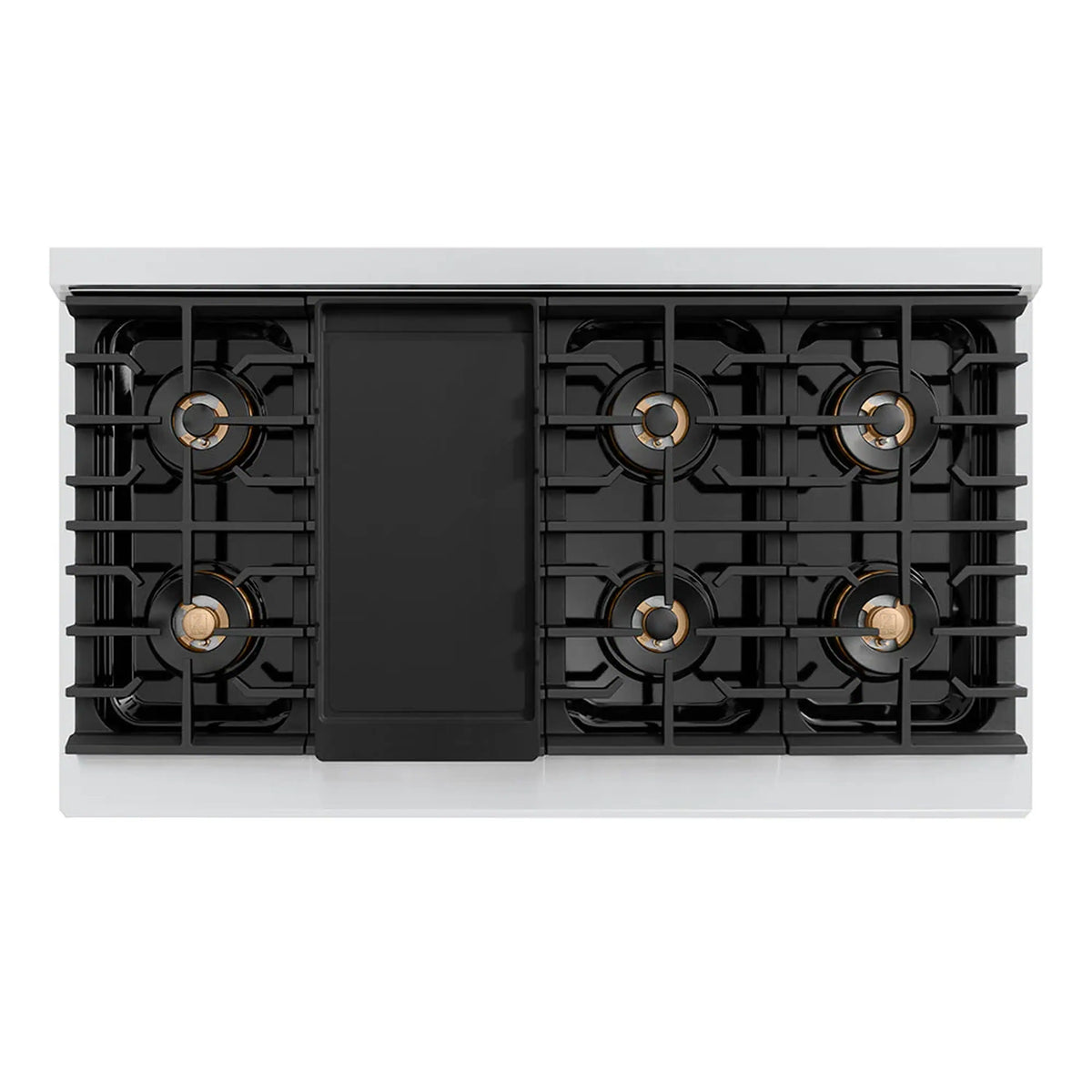 8-burner gas cooktop with a central black griddle panel and bronze burner caps