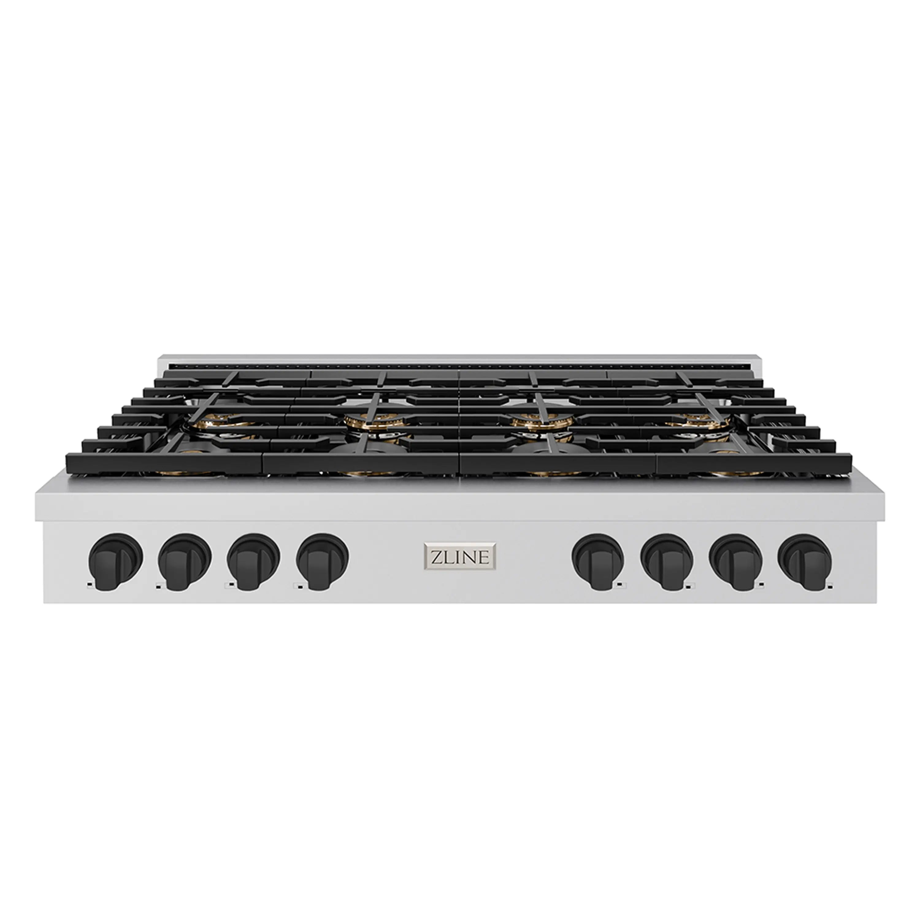 Stainless steel gas rangetop with matte black grates and front control knobs