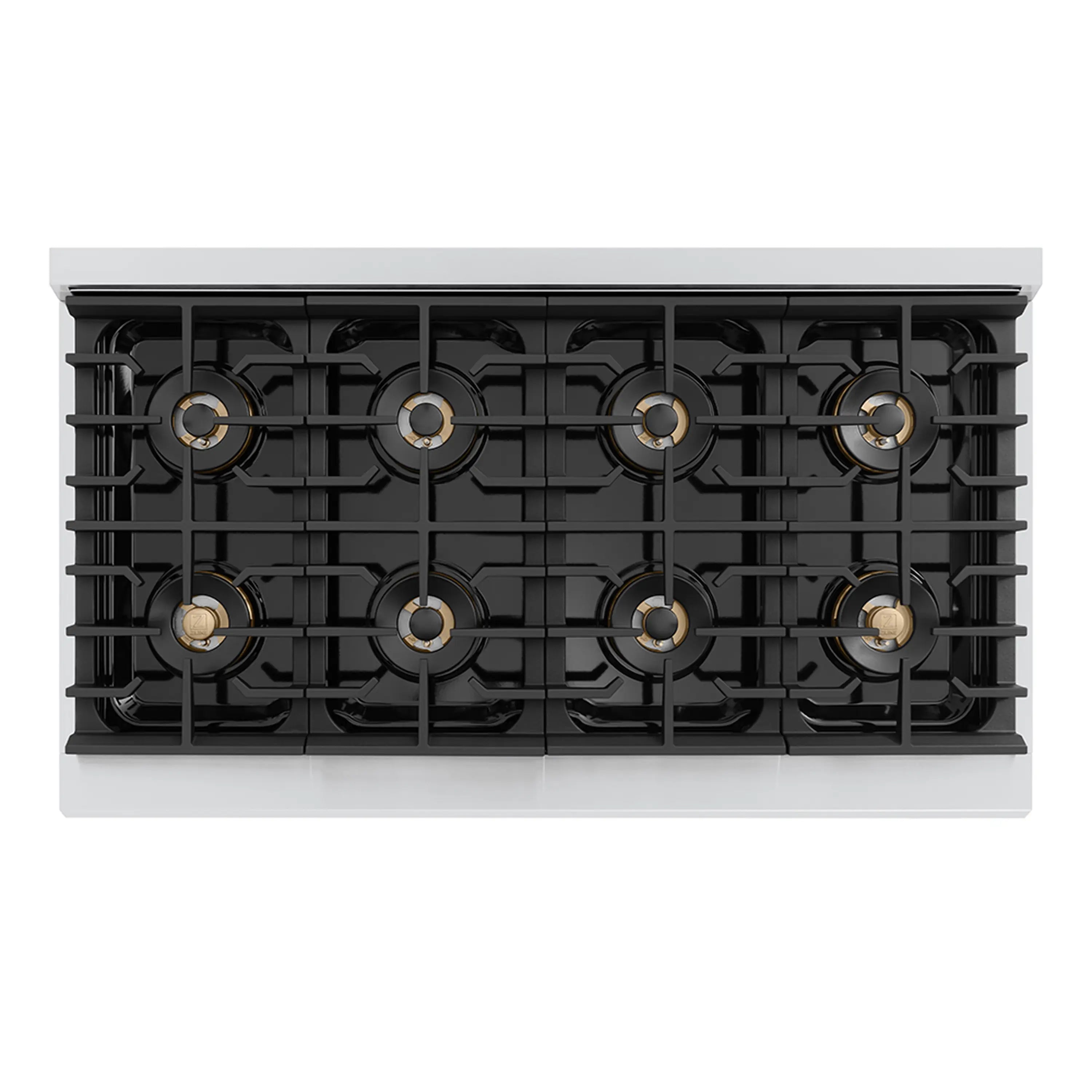Gas rangetop burner layout with matte black grates and gold accents