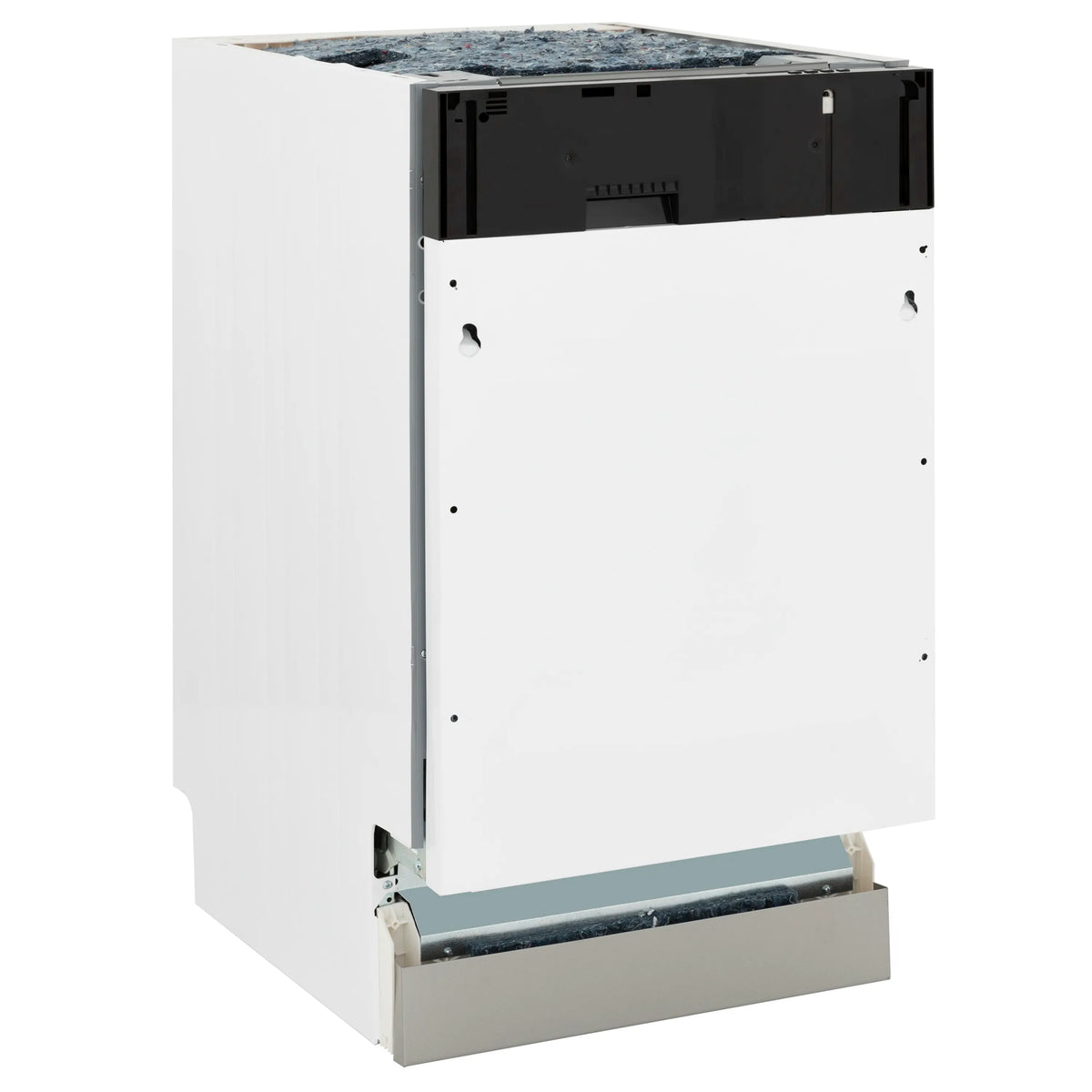Built-in dishwasher side view with white front panel and open tub