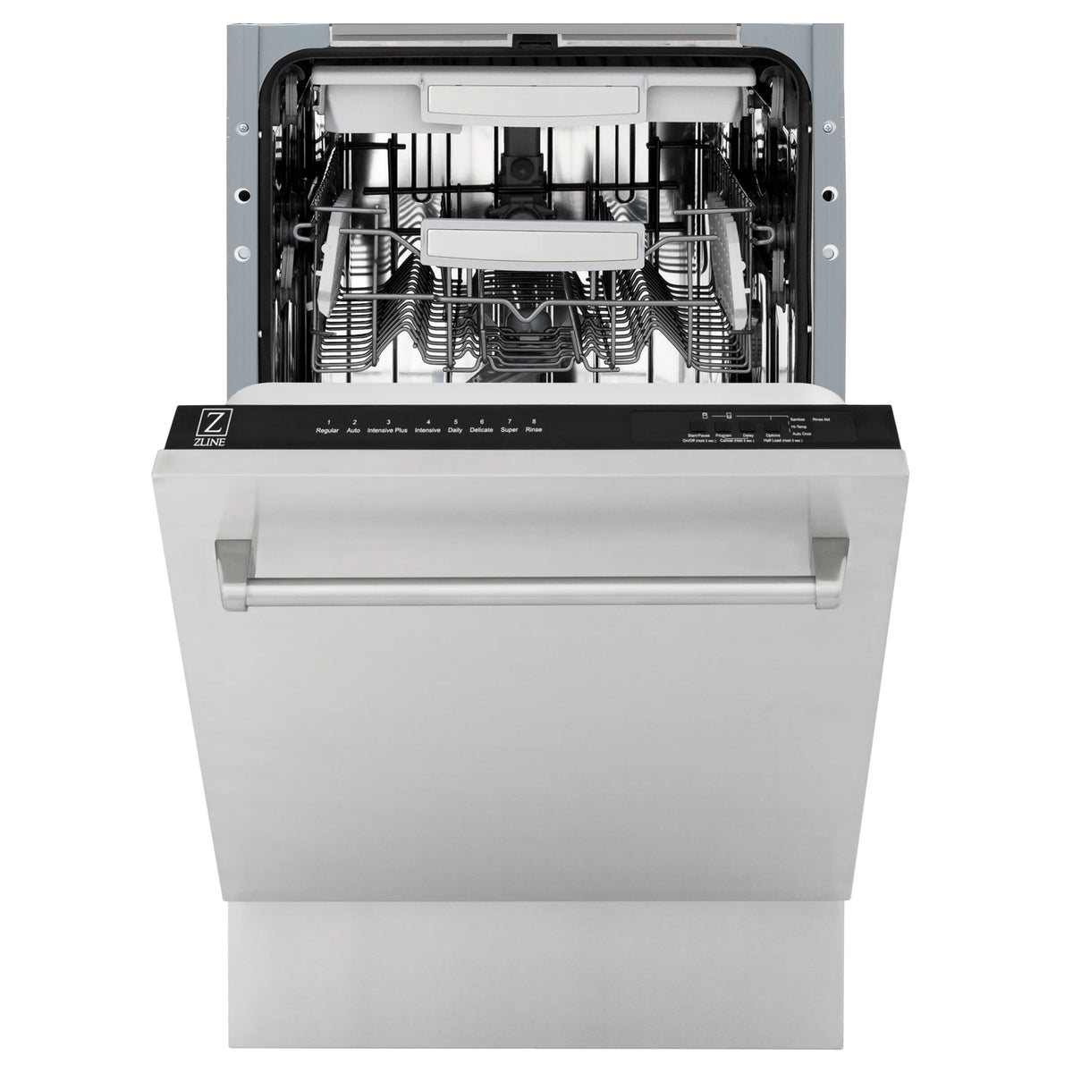 Stainless steel dishwasher open door showing top rack and control area
