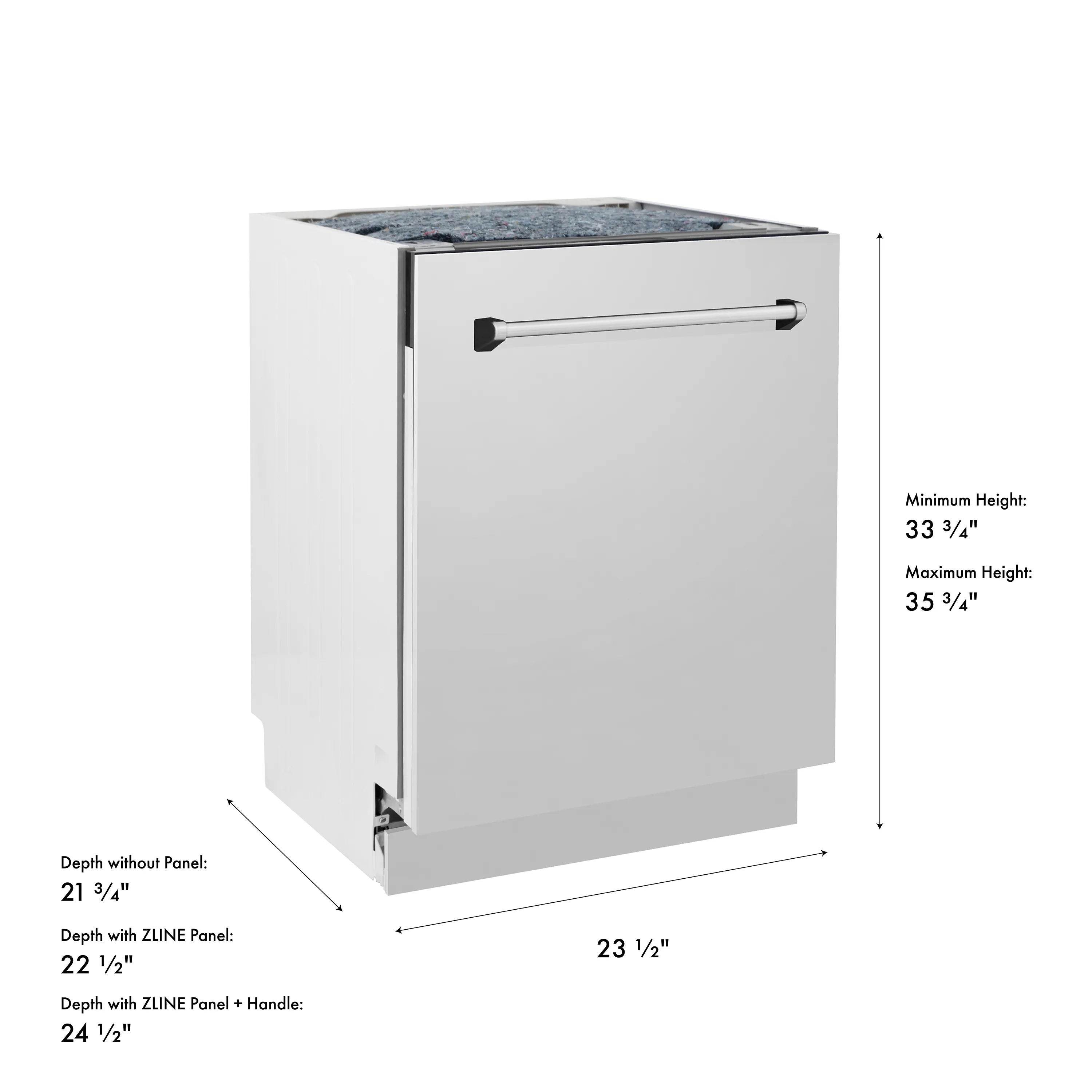 Stainless steel dishwasher front view with control area and side profile.