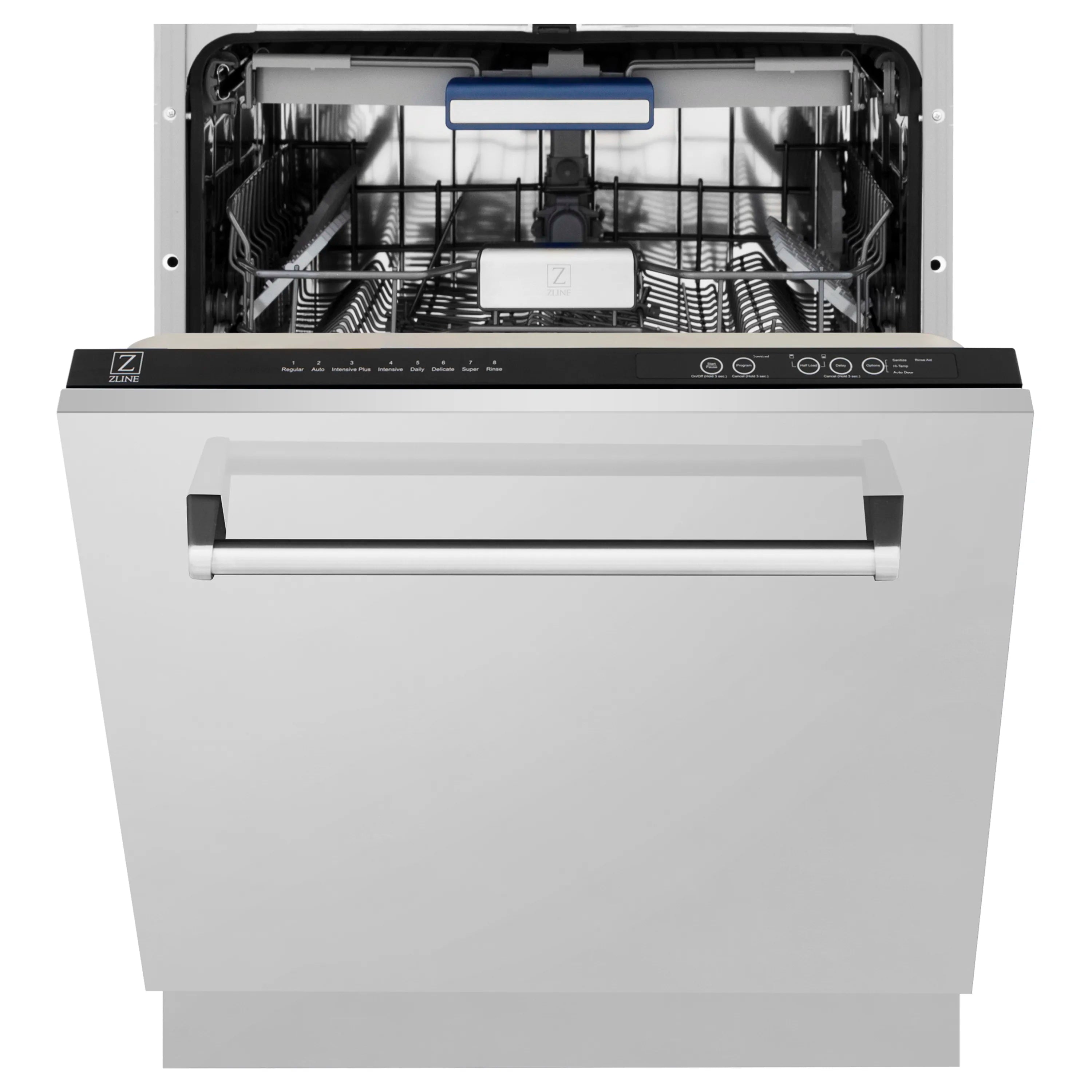 Stainless steel dishwasher with open door, showing racks and spray arm interior.