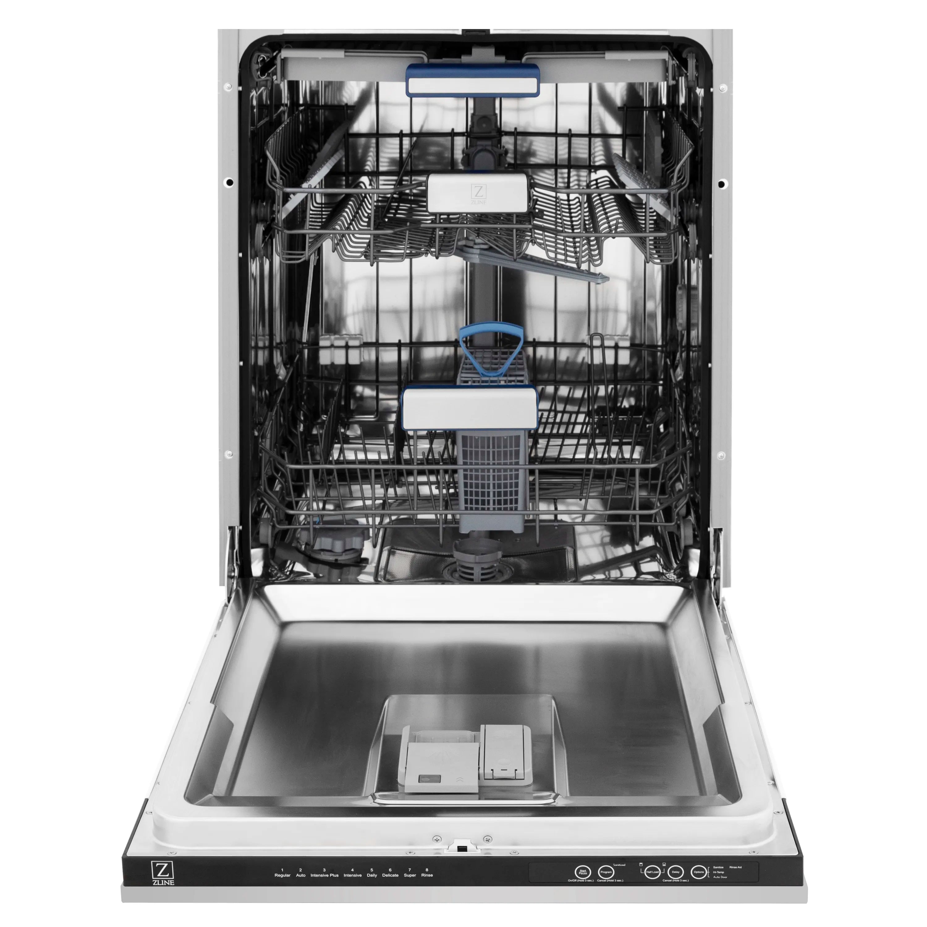 Tall stainless steel dishwasher with open racks and utensil basket inside