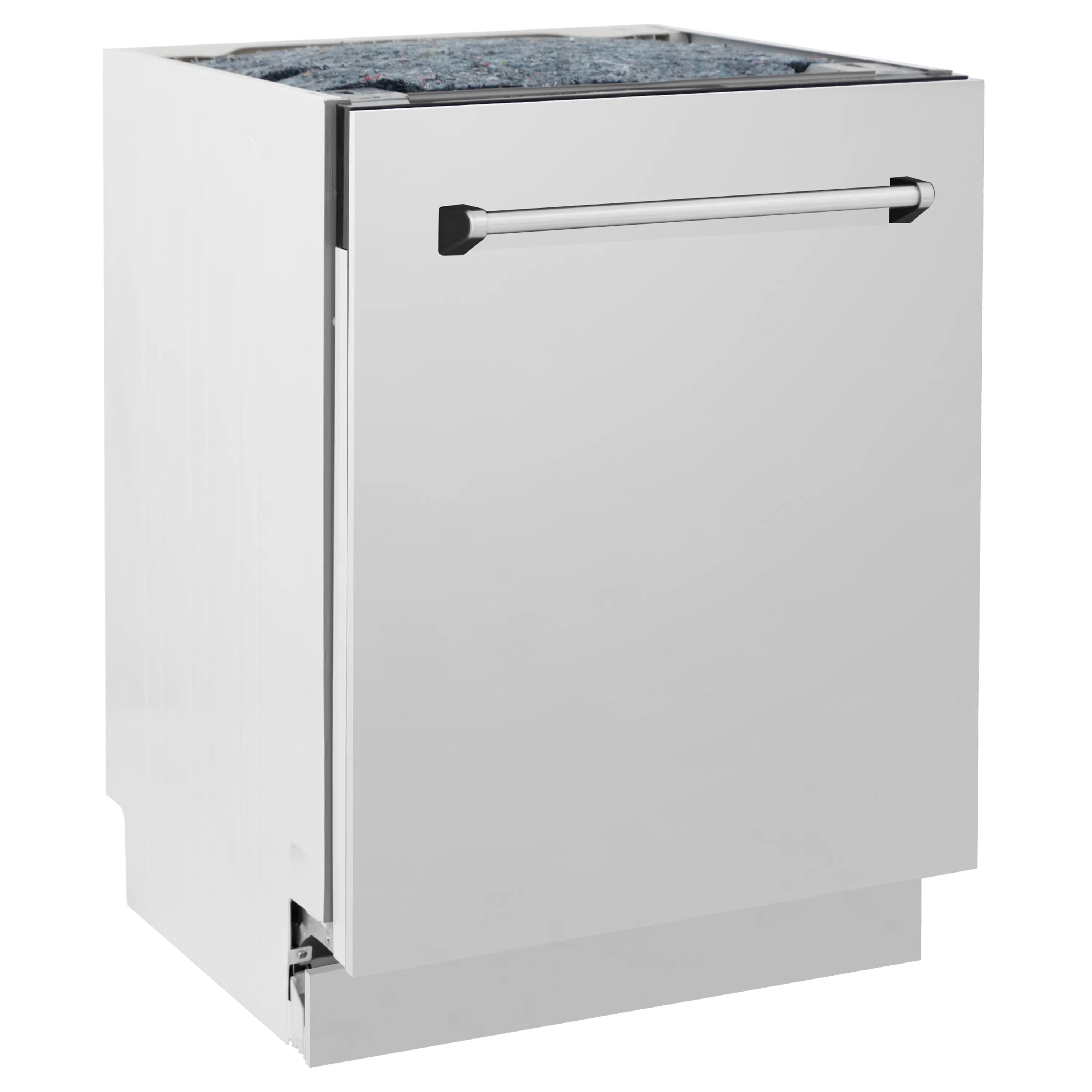 Stainless steel built-in dishwasher with top rack handle, front view.