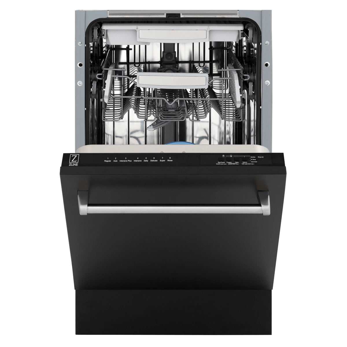 Black matte built-in dishwasher with open racks and top control panel