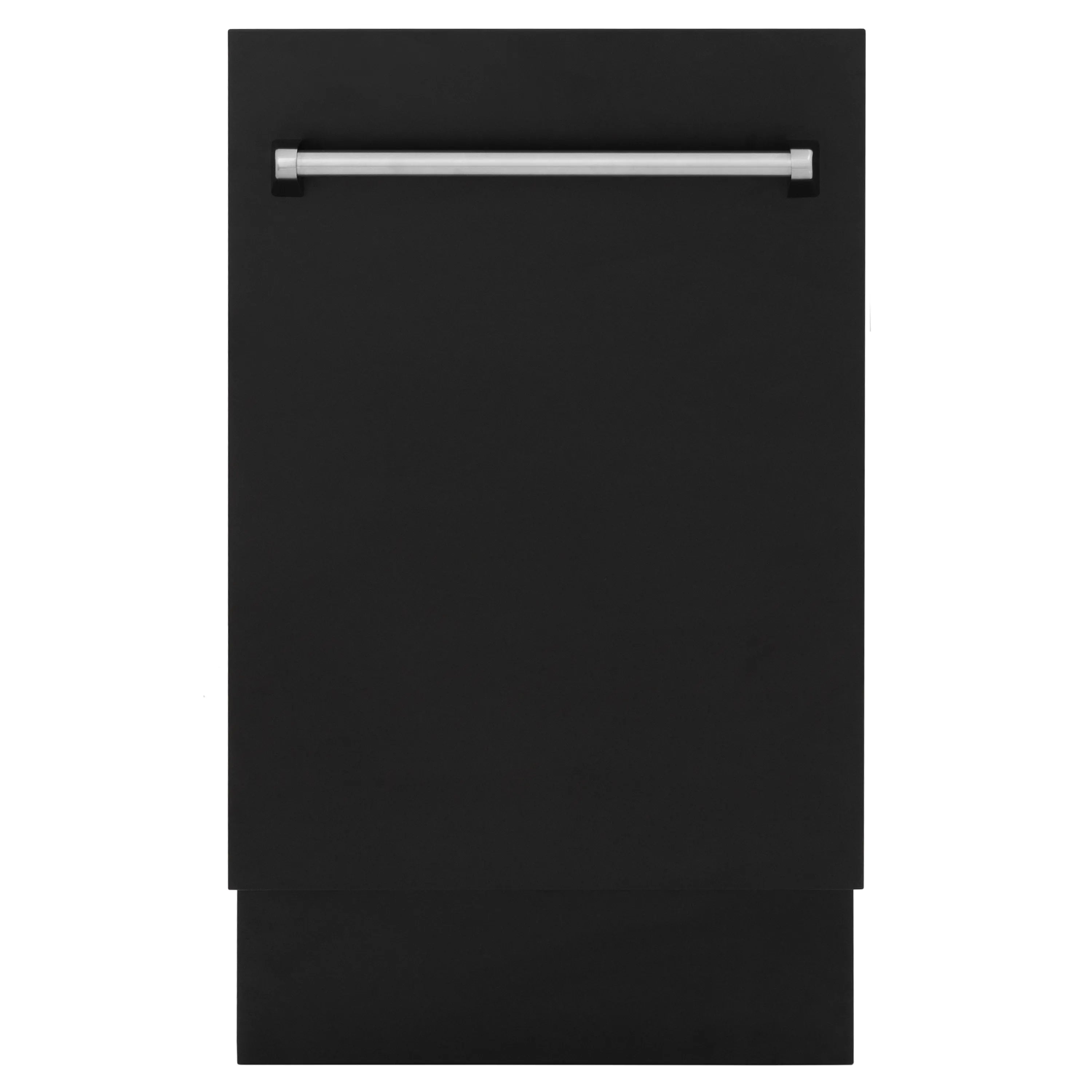 Black matte dishwasher door with two horizontal silver handle bars