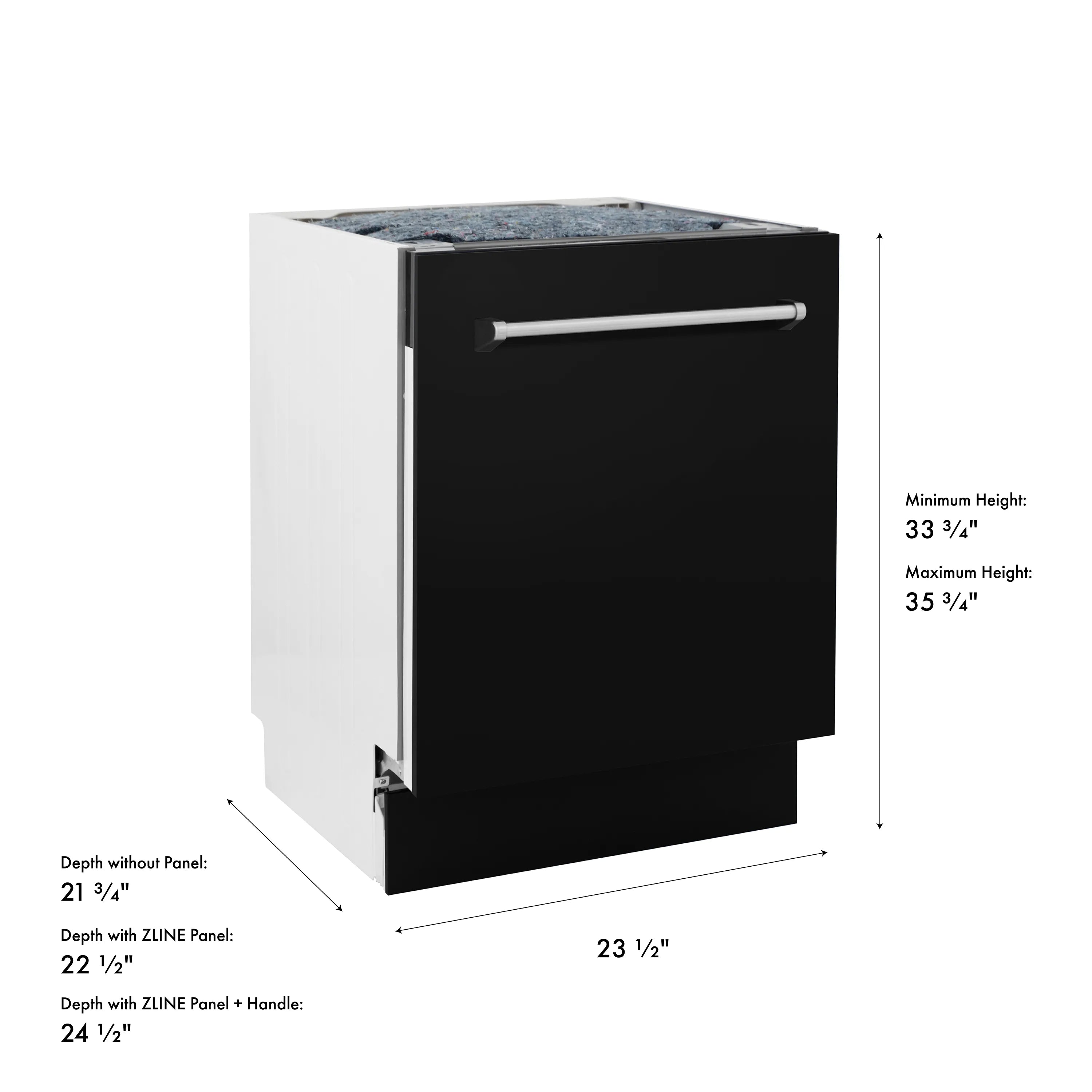 Black matte dishwasher with dimension lines and height range diagram