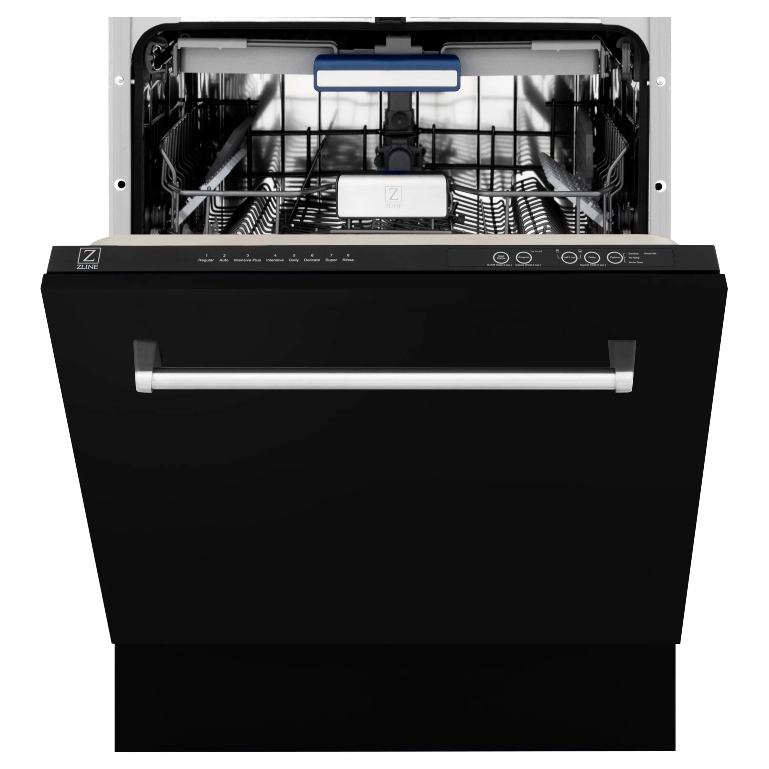 Black matte dishwasher interior showing racks and top spray arm