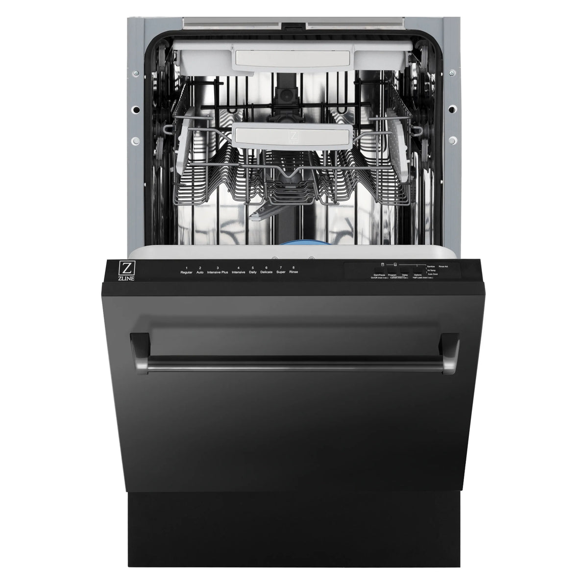 ZLINE dishwasher with open door, top controls and stainless racks inside, black stainless