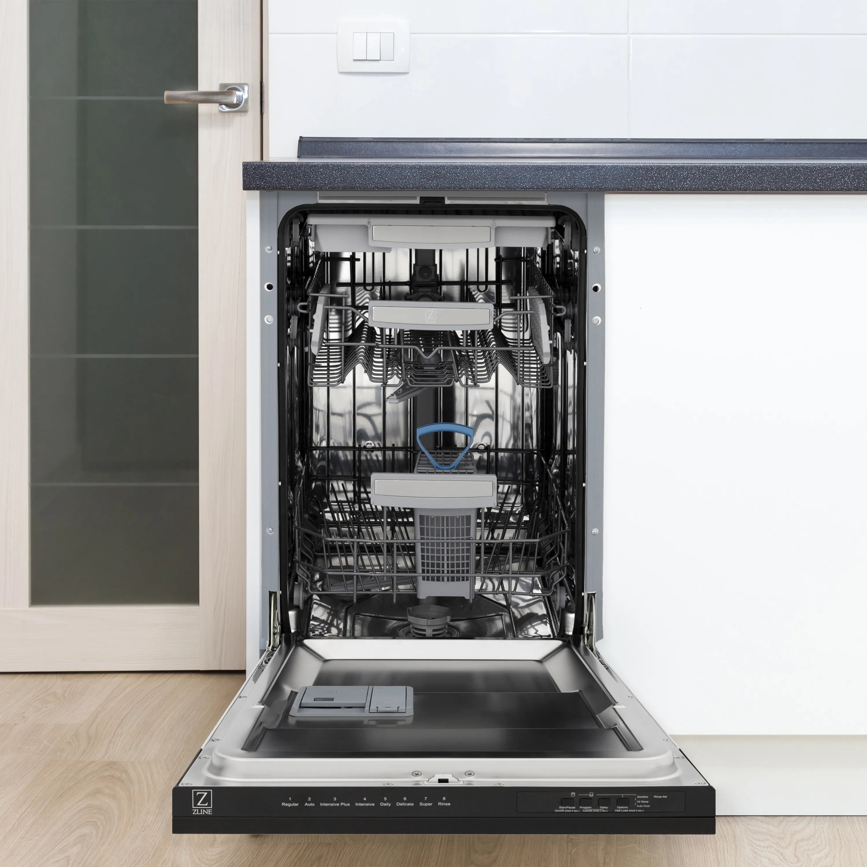 ZLINE top-control dishwasher with open door, stainless tub, black stainless exterior
