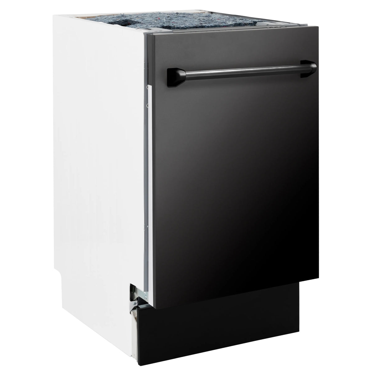 Black stainless steel top-control dishwasher front, tall built-in design.