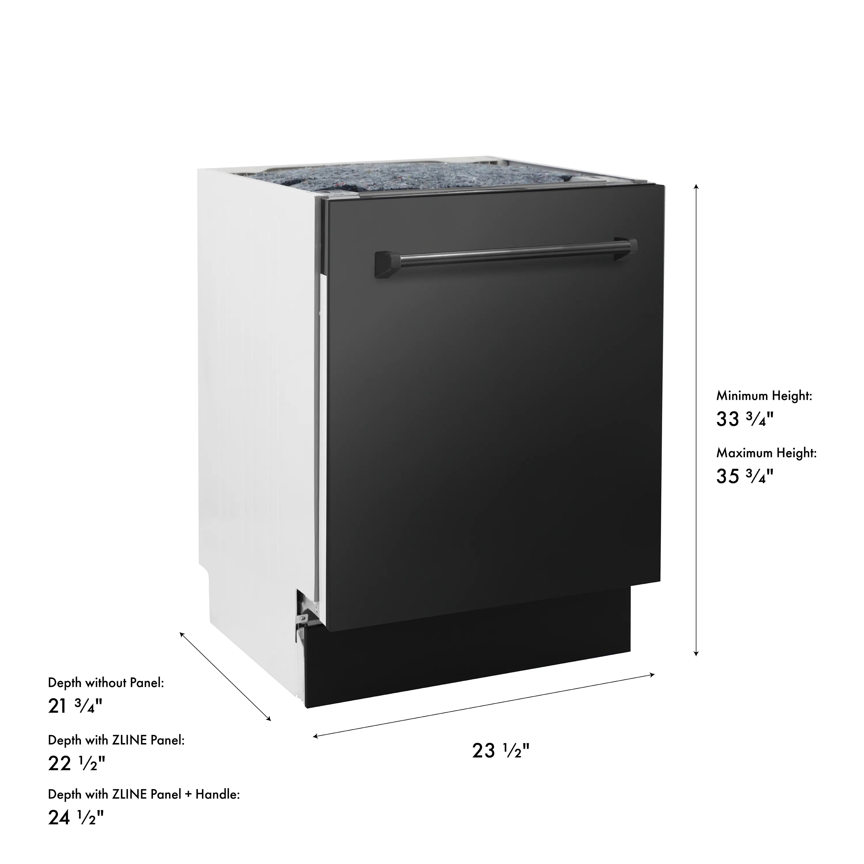 Dishwasher size diagram showing height range and depth without panel.