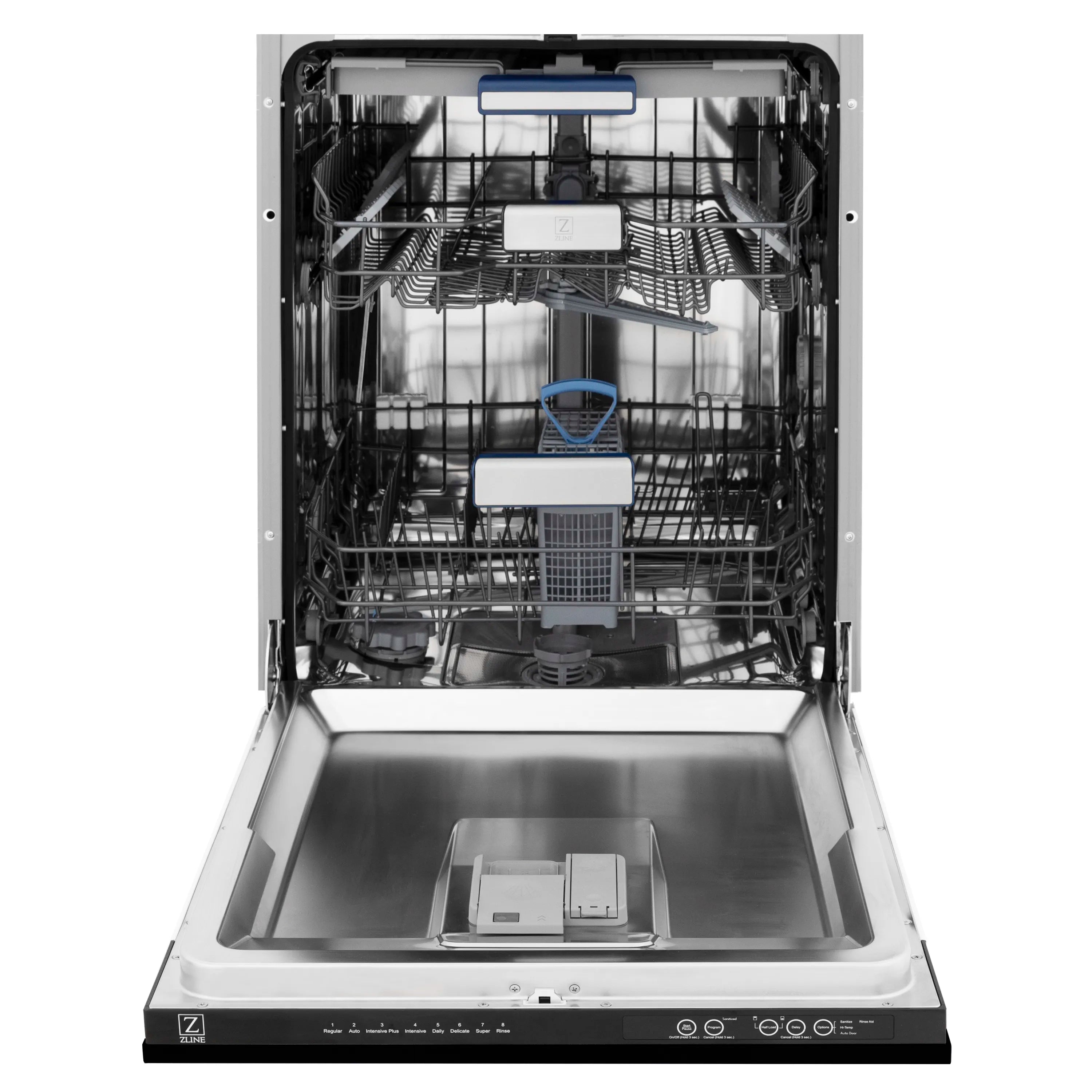 Open dishwasher with stacked racks and stainless wash tub interior.