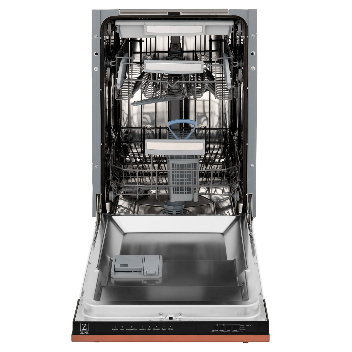 Built-in dishwasher interior with stainless racks and bottom tub, door open