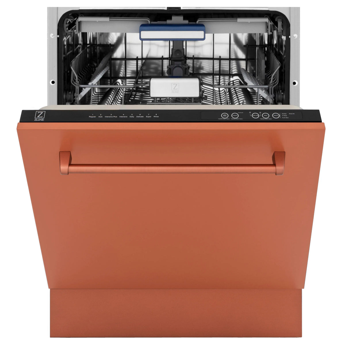 Copper ZLINE dishwasher front with open door and black control strip