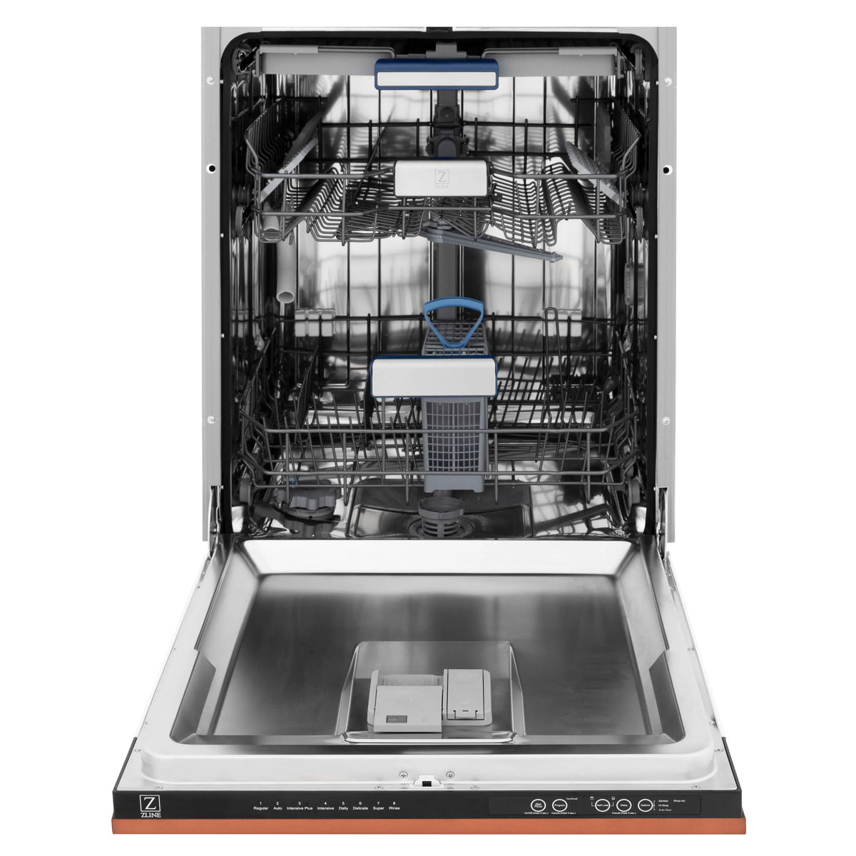 Open dishwasher interior with stainless steel tub and upper spray rack