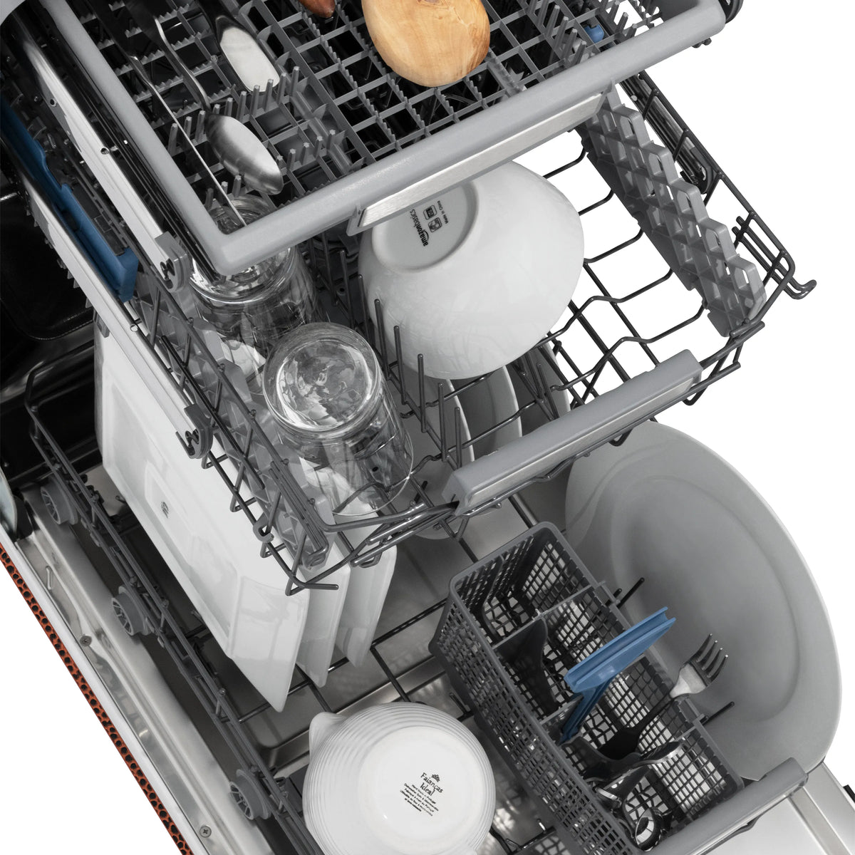 Dishwasher interior with racks and stainless steel tub, door open